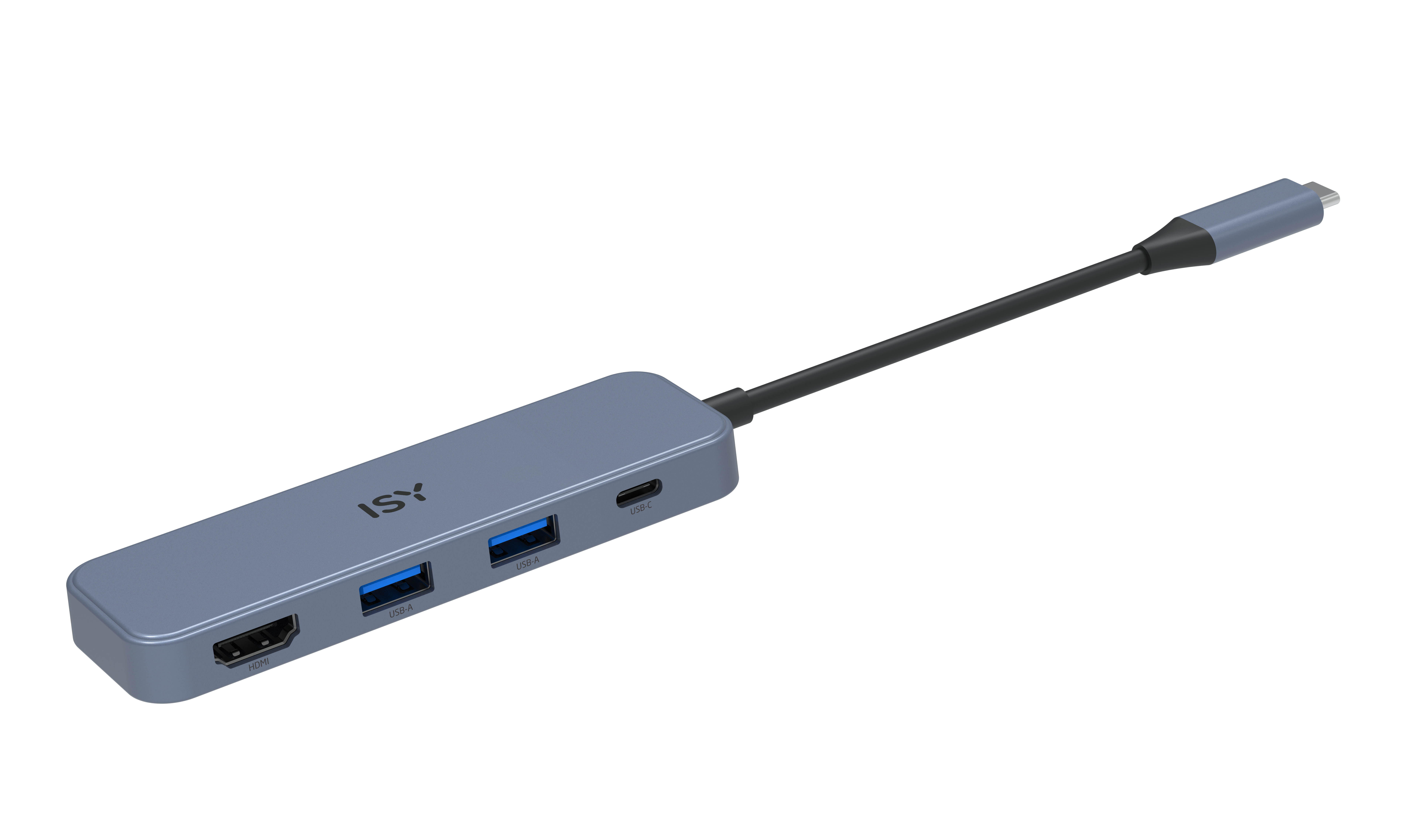 Siyah arka plan üzerinde HDMI ve USB-A bağlantı noktalarına sahip mavi USB-C hub.