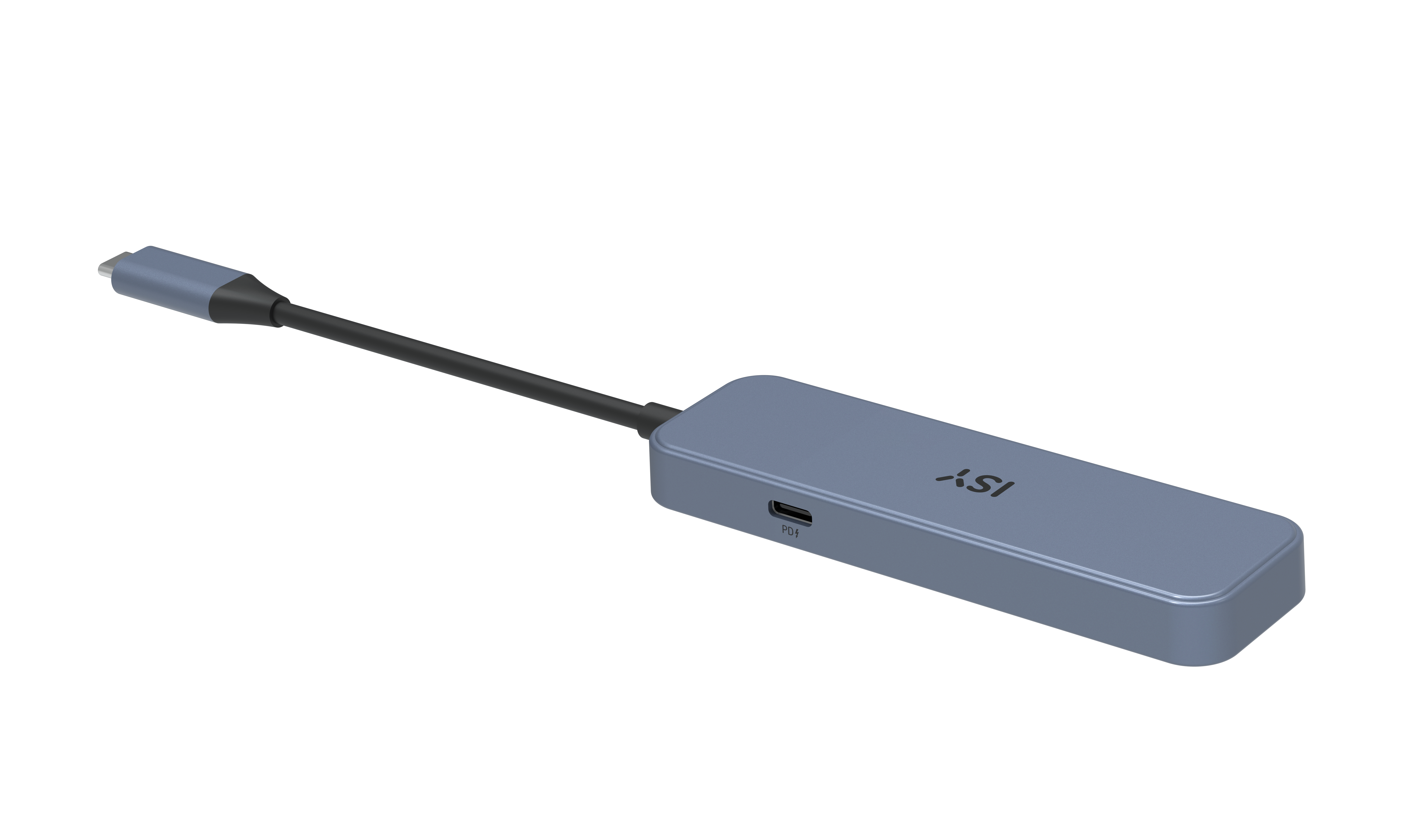 Siyah arka planda bağlı kablosu ve PD bağlantı noktası olan gri bir USB-C hub.