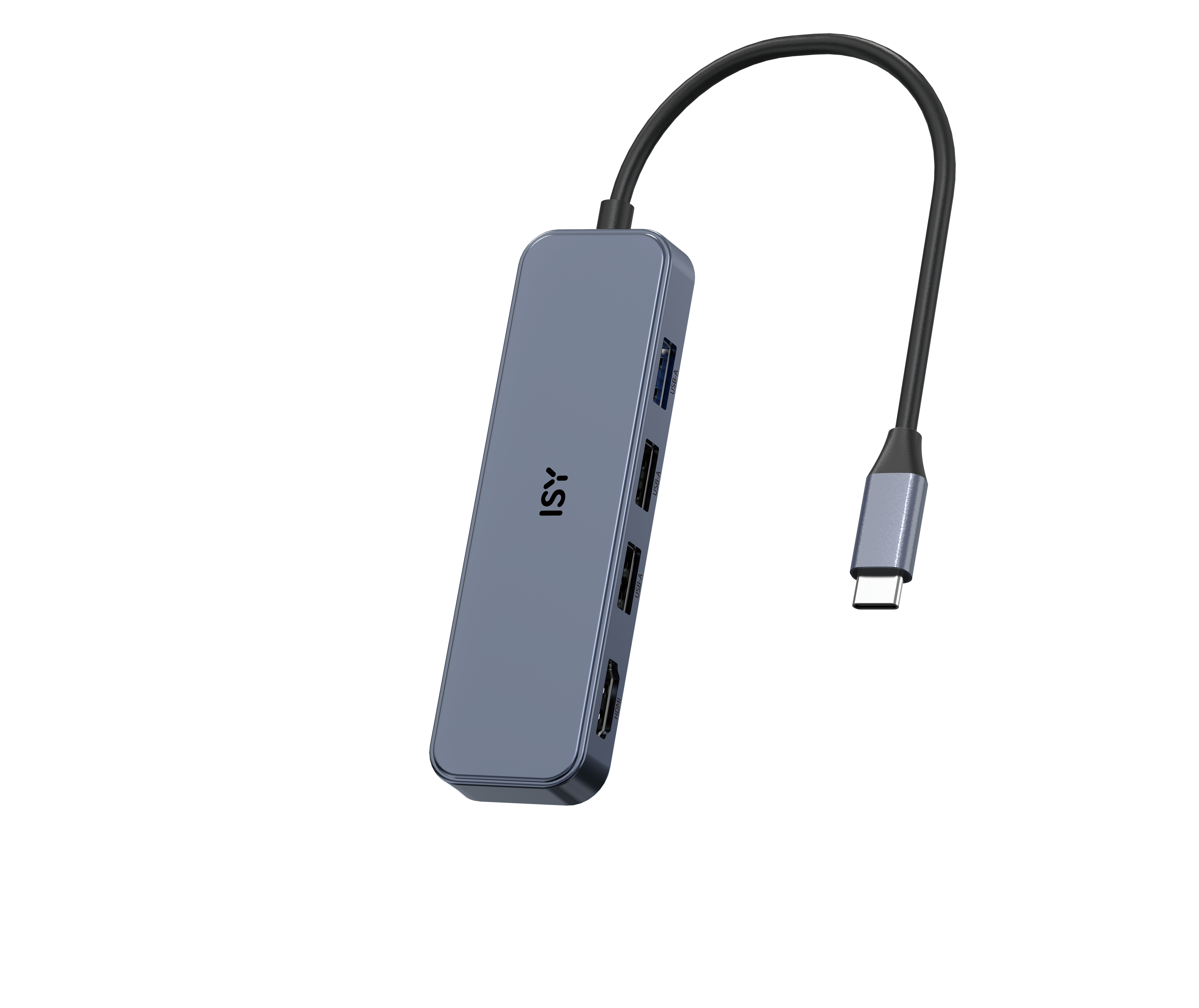 Siyah arka plan üzerinde çoklu USB-A bağlantı noktalarına ve bir HDMI bağlantı noktasına sahip gri bir ISY USB-C hub'ı.