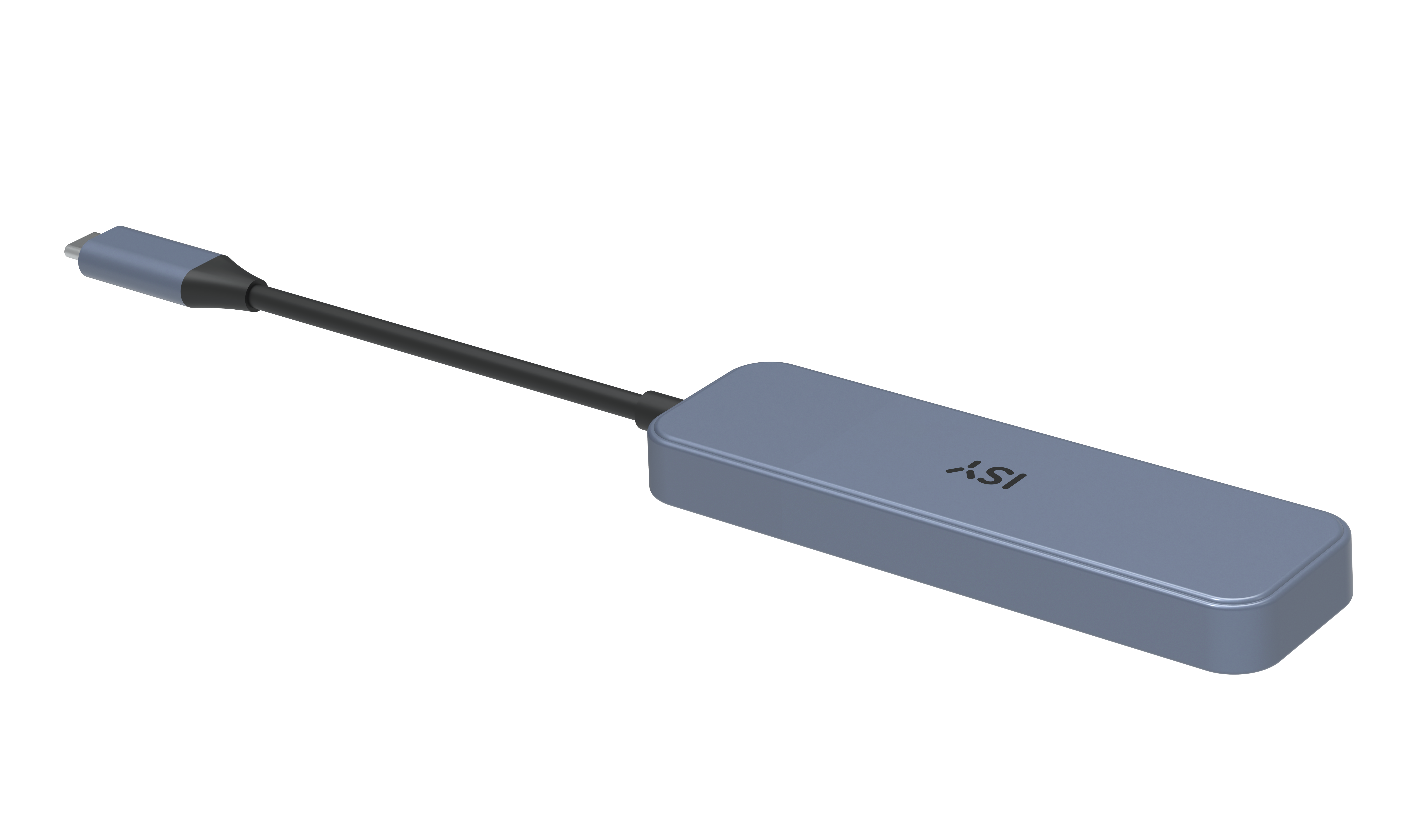 Siyah arka planda kablolu ve konektörlü gri bir USB-C hub.