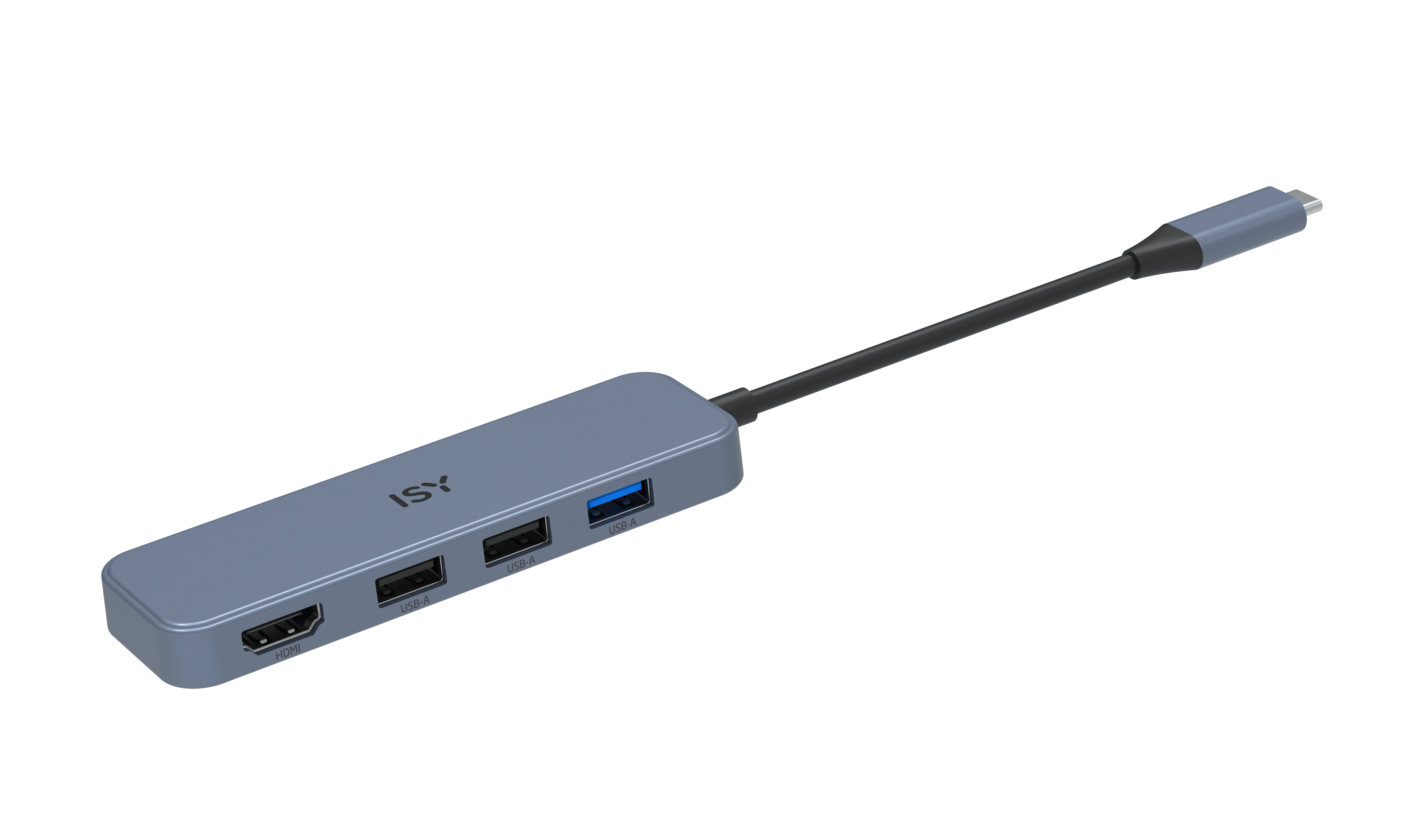 Siyah arka planda HDMI ve üç USB-A bağlantı noktasına sahip gri ISY USB-C hub.