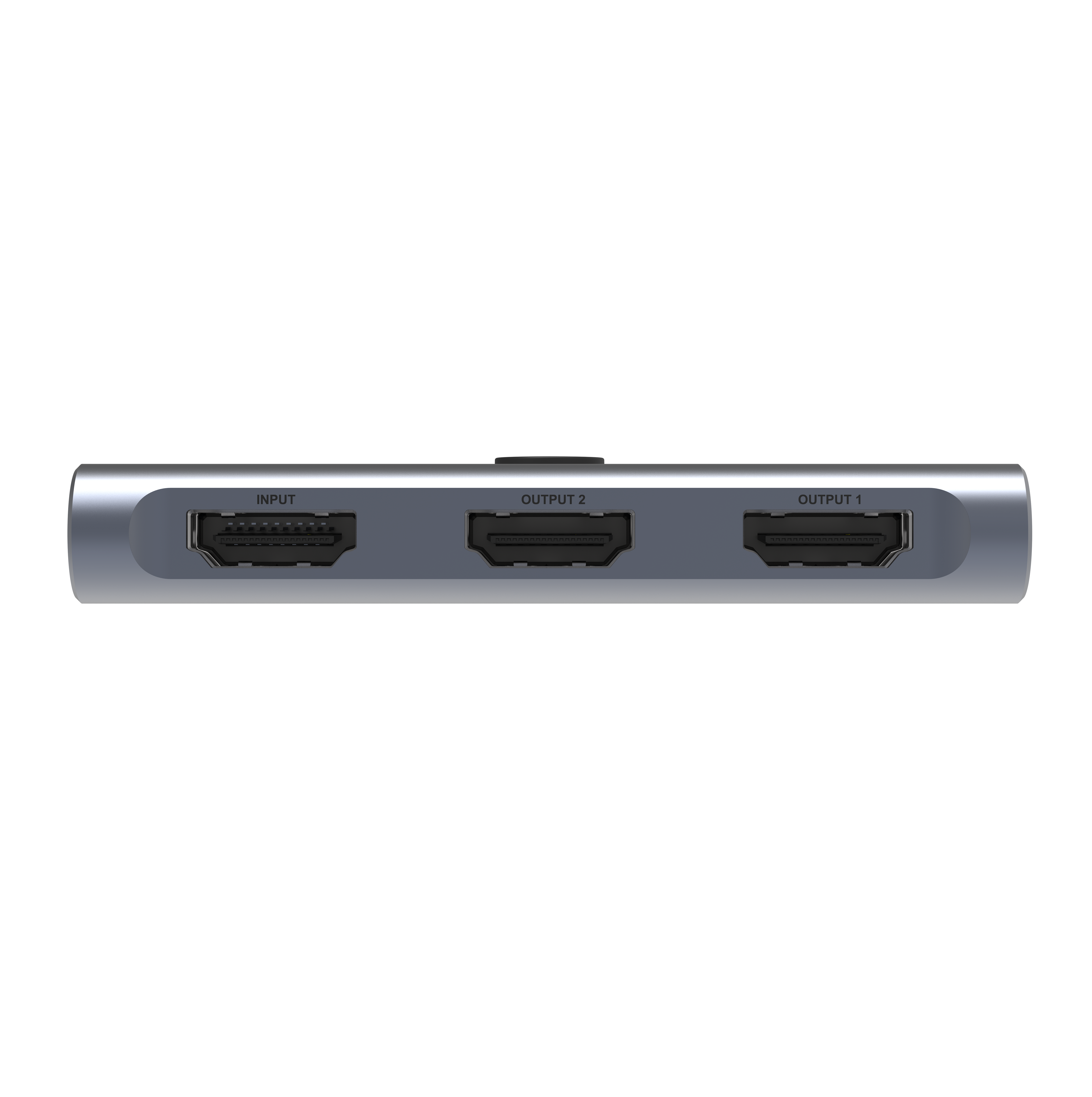 Siyah arka plan üzerinde bir giriş ve iki çıkışa sahip gri HDMI çoklayıcı.