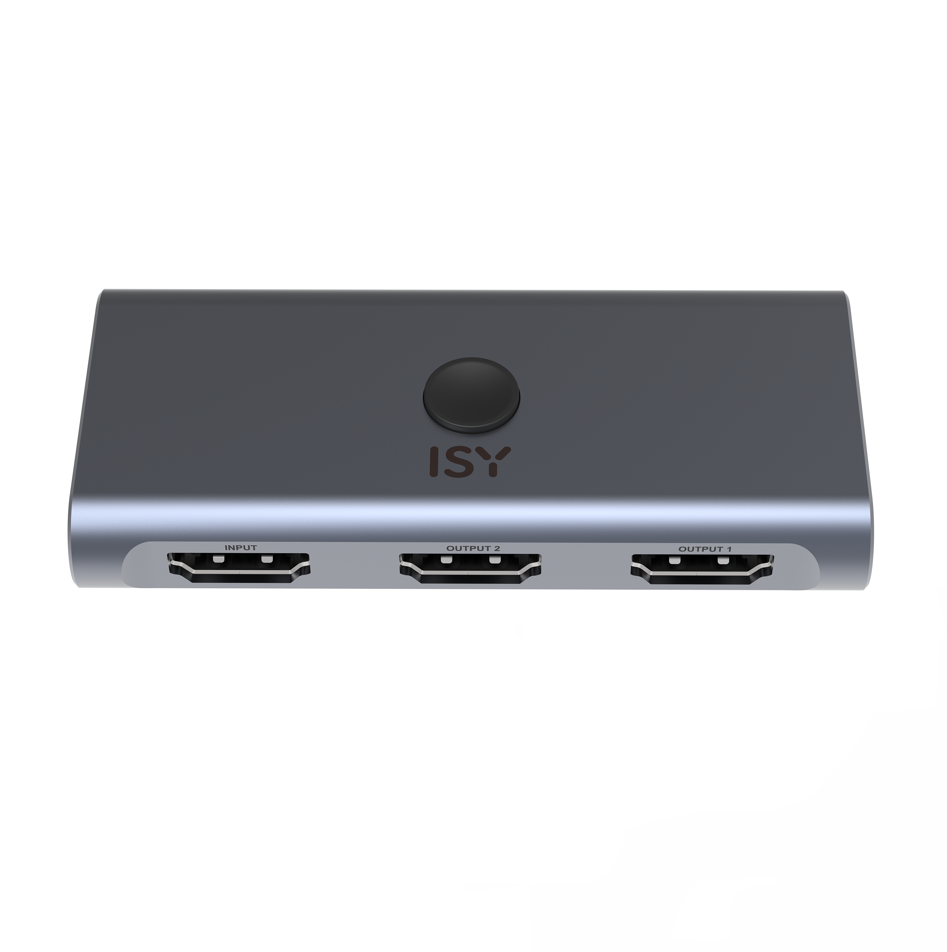 Siyah arka planda bir giriş ve iki çıkışlı gri bir ISY HDMI çoklayıcı.