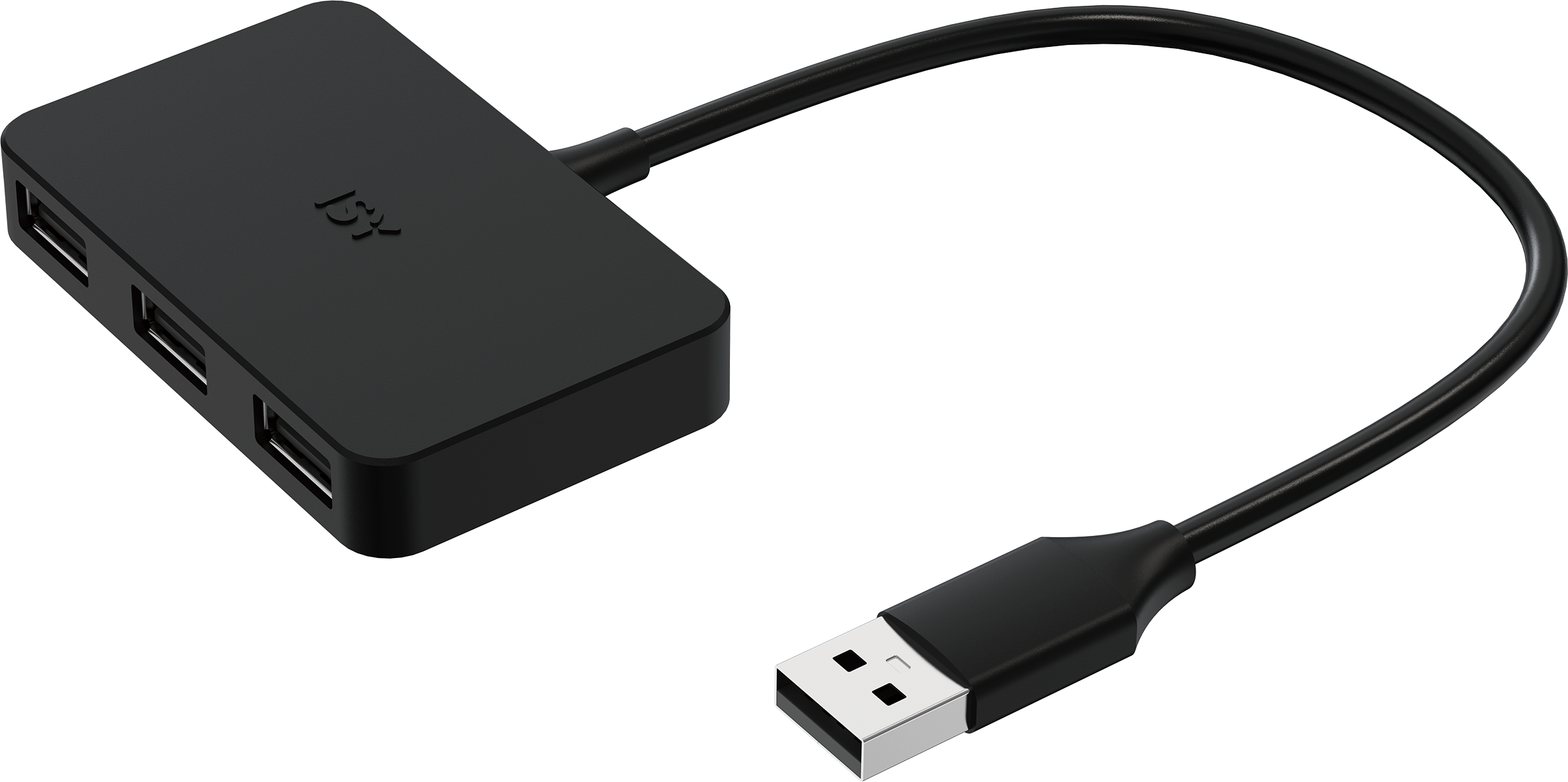 Siyah arka plan üzerinde üç bağlantı noktasına ve bağlı bir USB kablosuna sahip siyah bir USB çoklayıcı.