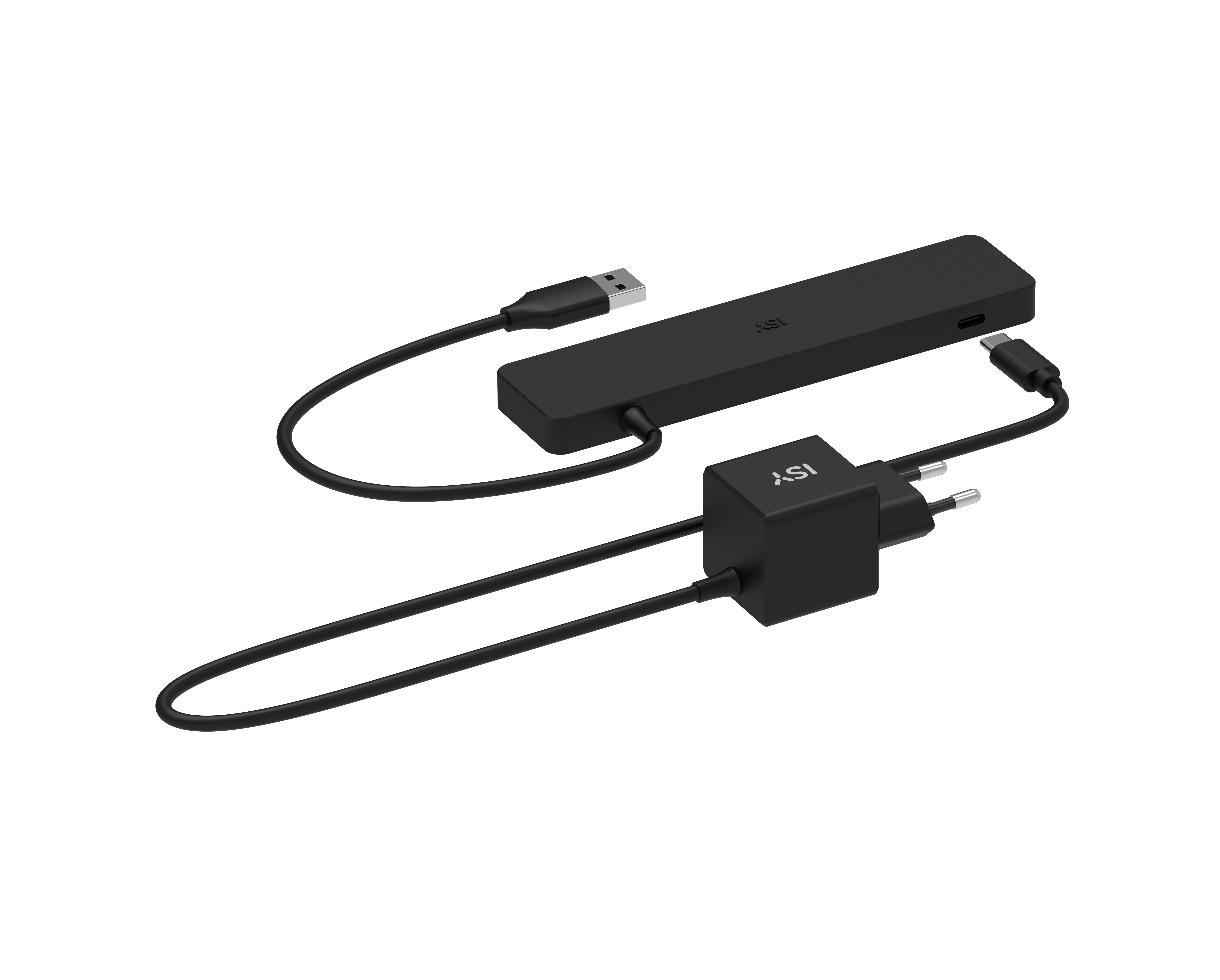 Siyah arka planda bağlı USB-C kablosu ve fişi olan siyah şarj cihazı.