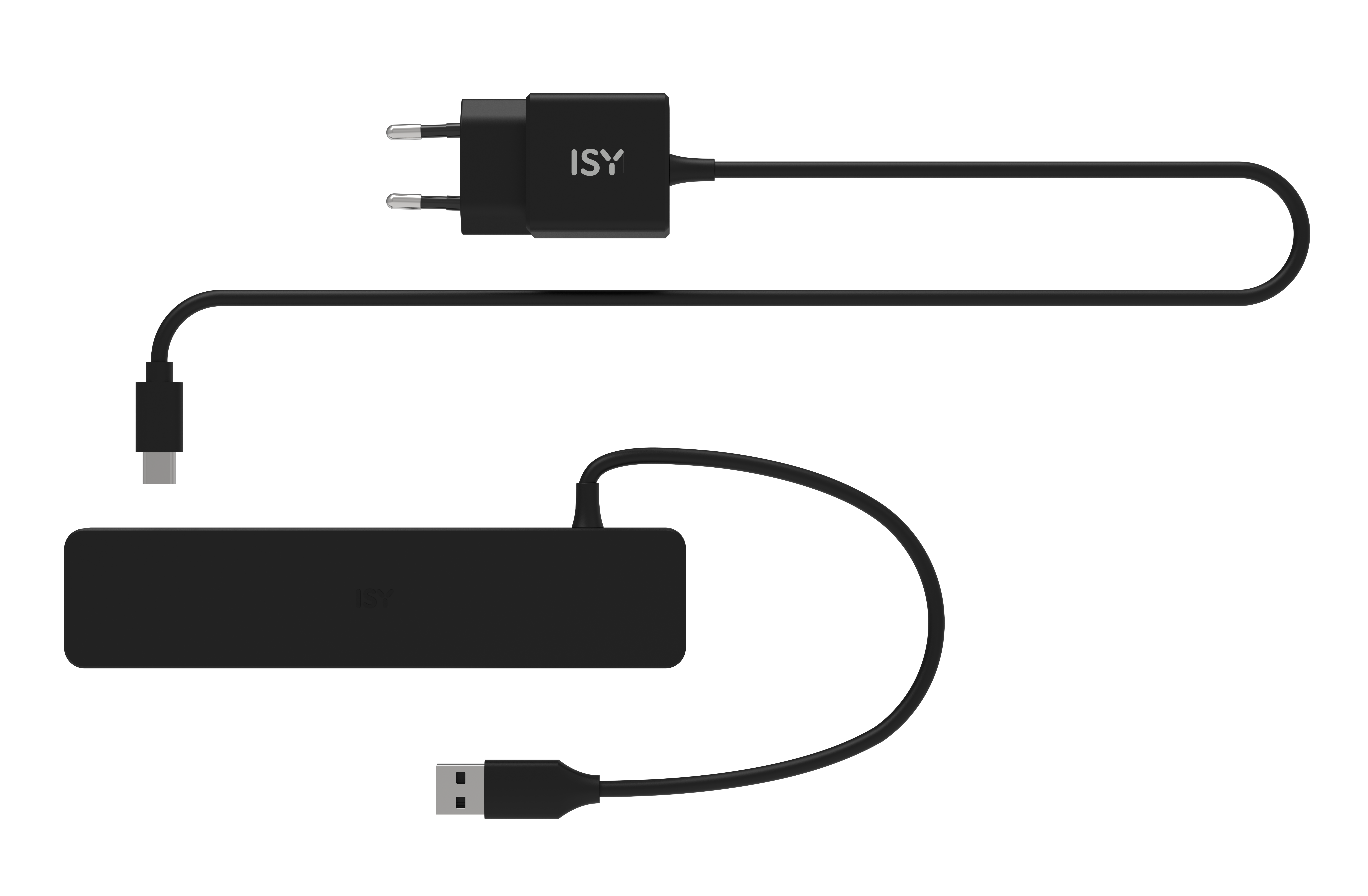 Kablolu ve Tip-C konnektörlü siyah bir ISY güç adaptörü ile USB kablolu siyah bir ISY uzatma kablosu.