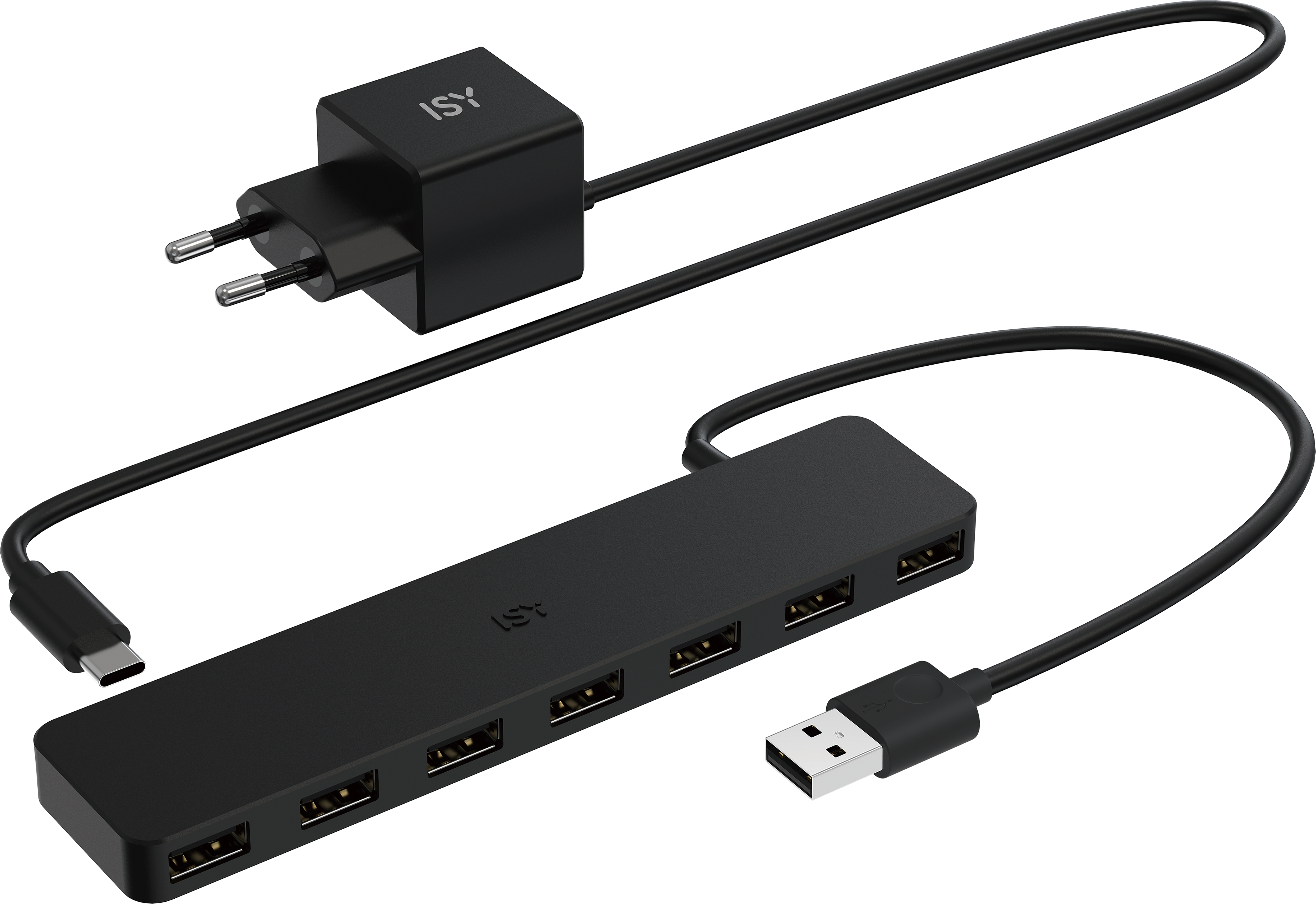 Siyah arka planda çoklu bağlantı noktalarına sahip siyah bir USB hub ve uyumlu bir adaptör.