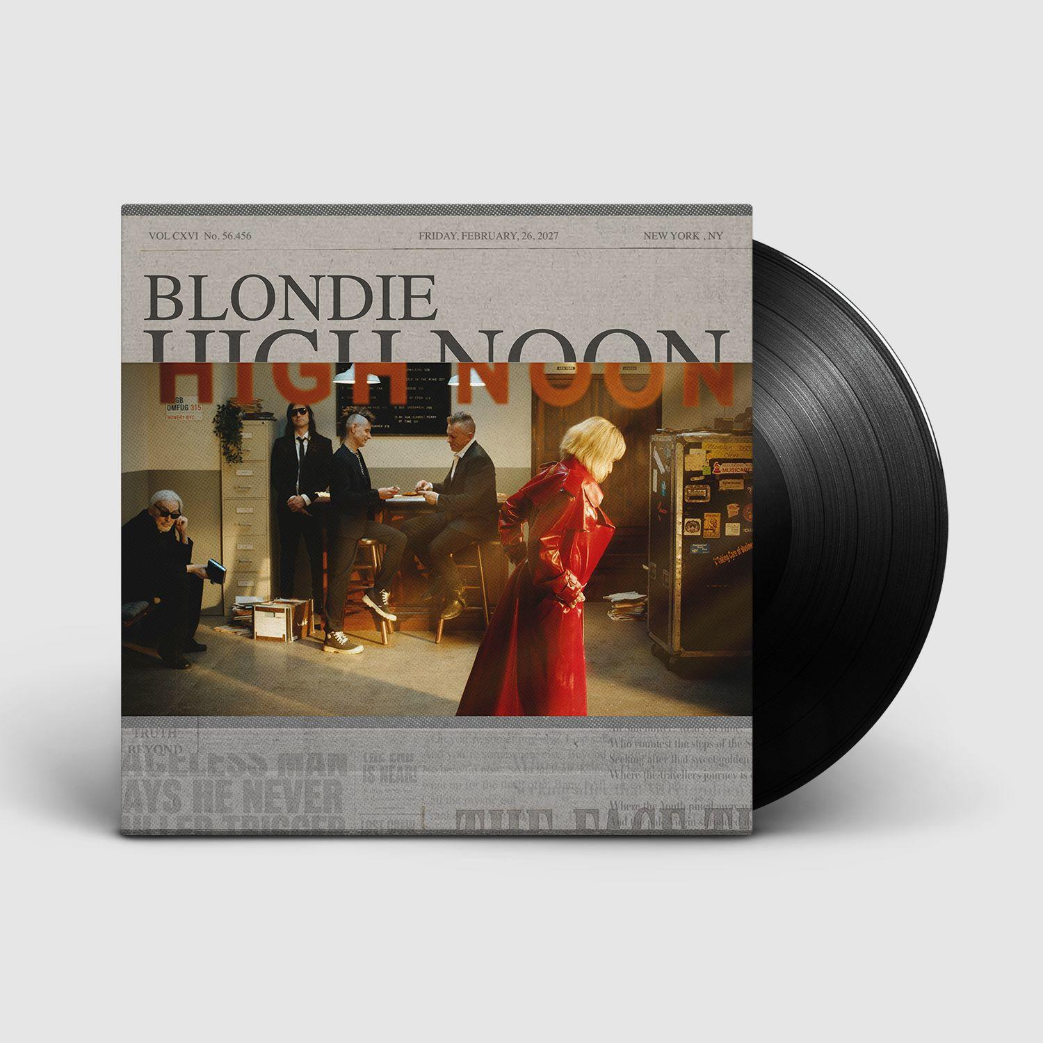 Albumcover mit Blondie-Schriftzug und retro Büroszene mit fünf Personen.