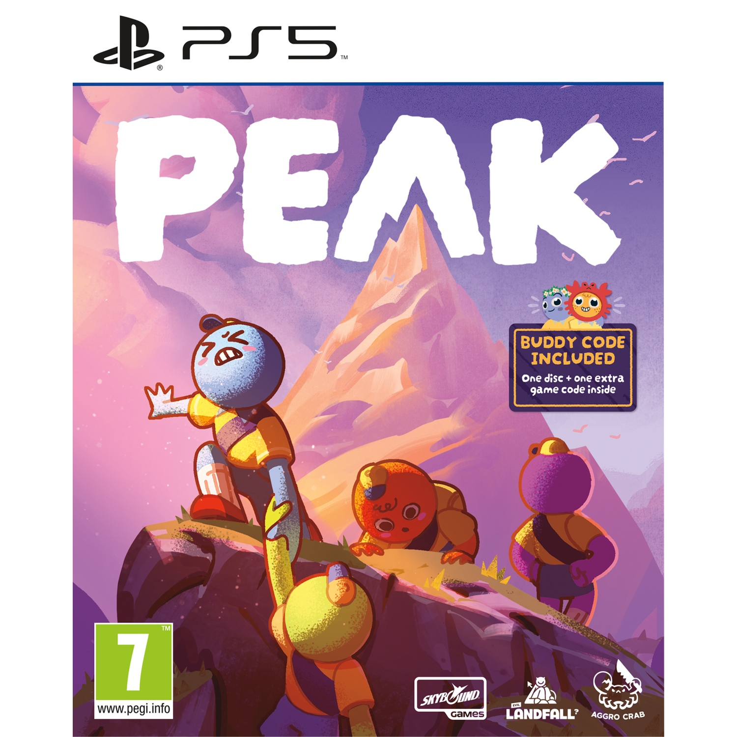 PS5-gamecover met kleurrijke, ronde personages die een bergtop beklimmen onder een paarse lucht.