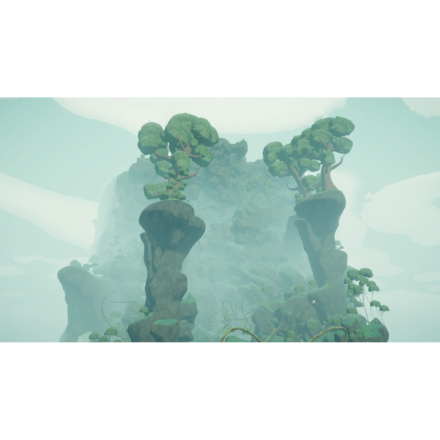 Groene bomen op hoge rotszuilen in een nevelig landschap met bleke kleuren.