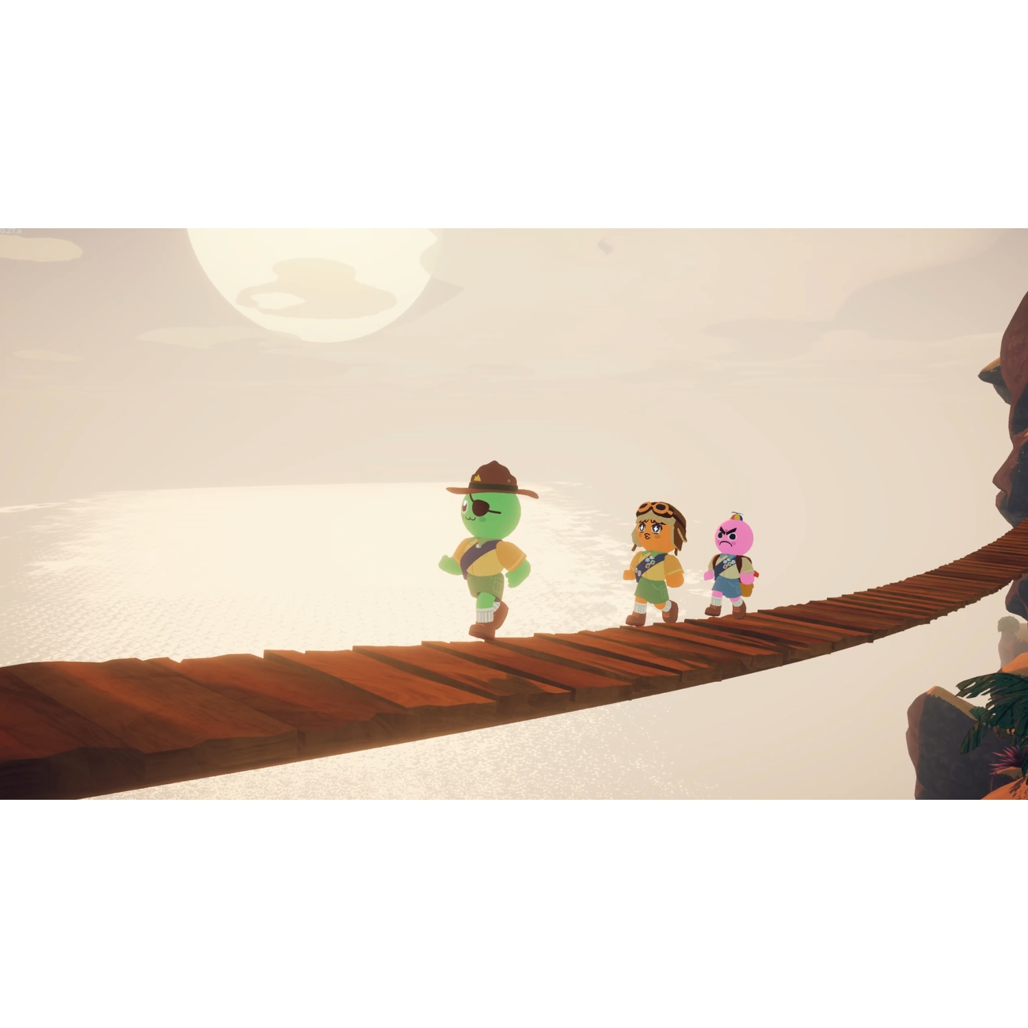 Drie tekenfilmfiguren in scoutskleding lopen bij zonsondergang over een houten hangbrug.