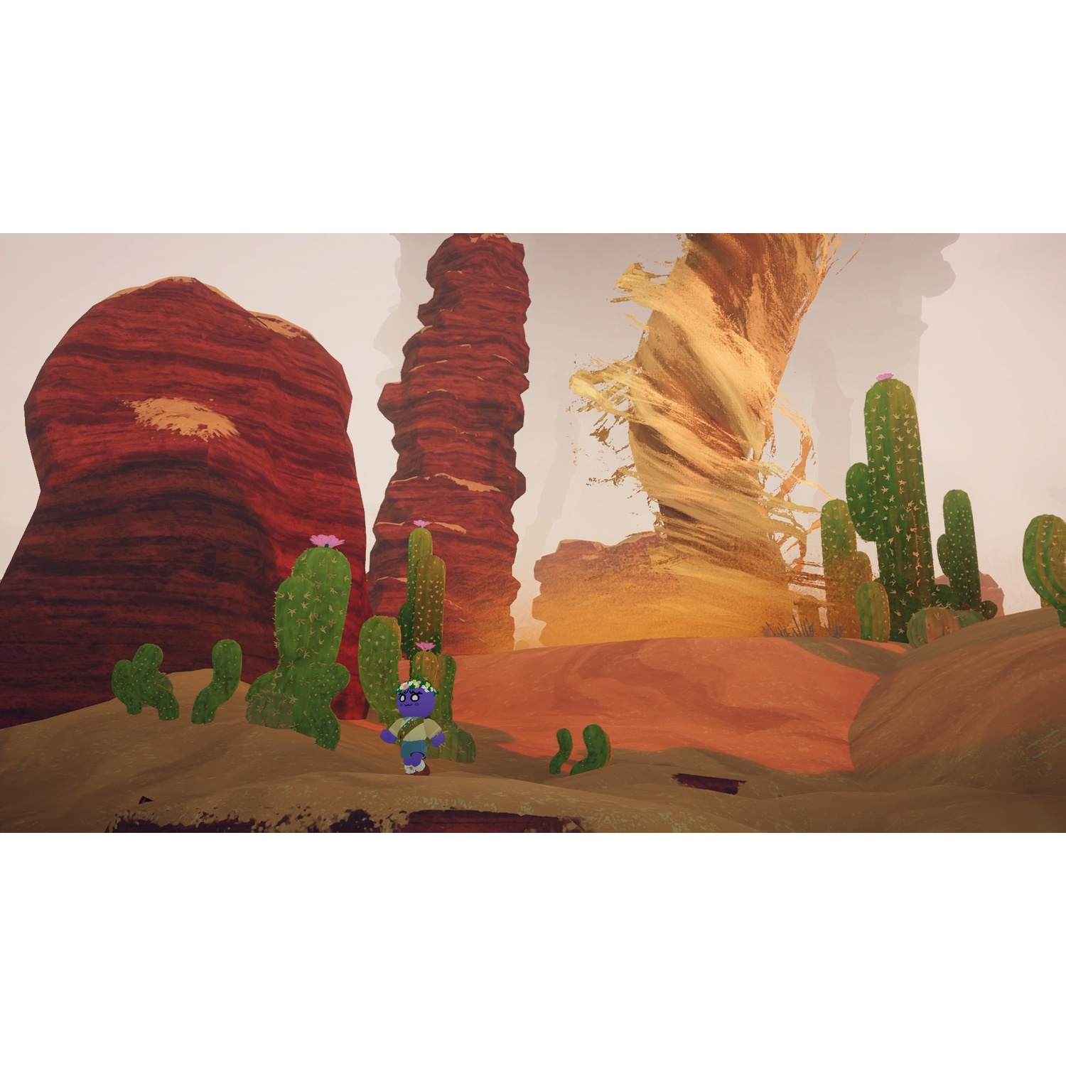 Een klein paars poppetje staat in een woestijn met rode rotsen, groene cactussen en een zandstorm op de achtergrond.