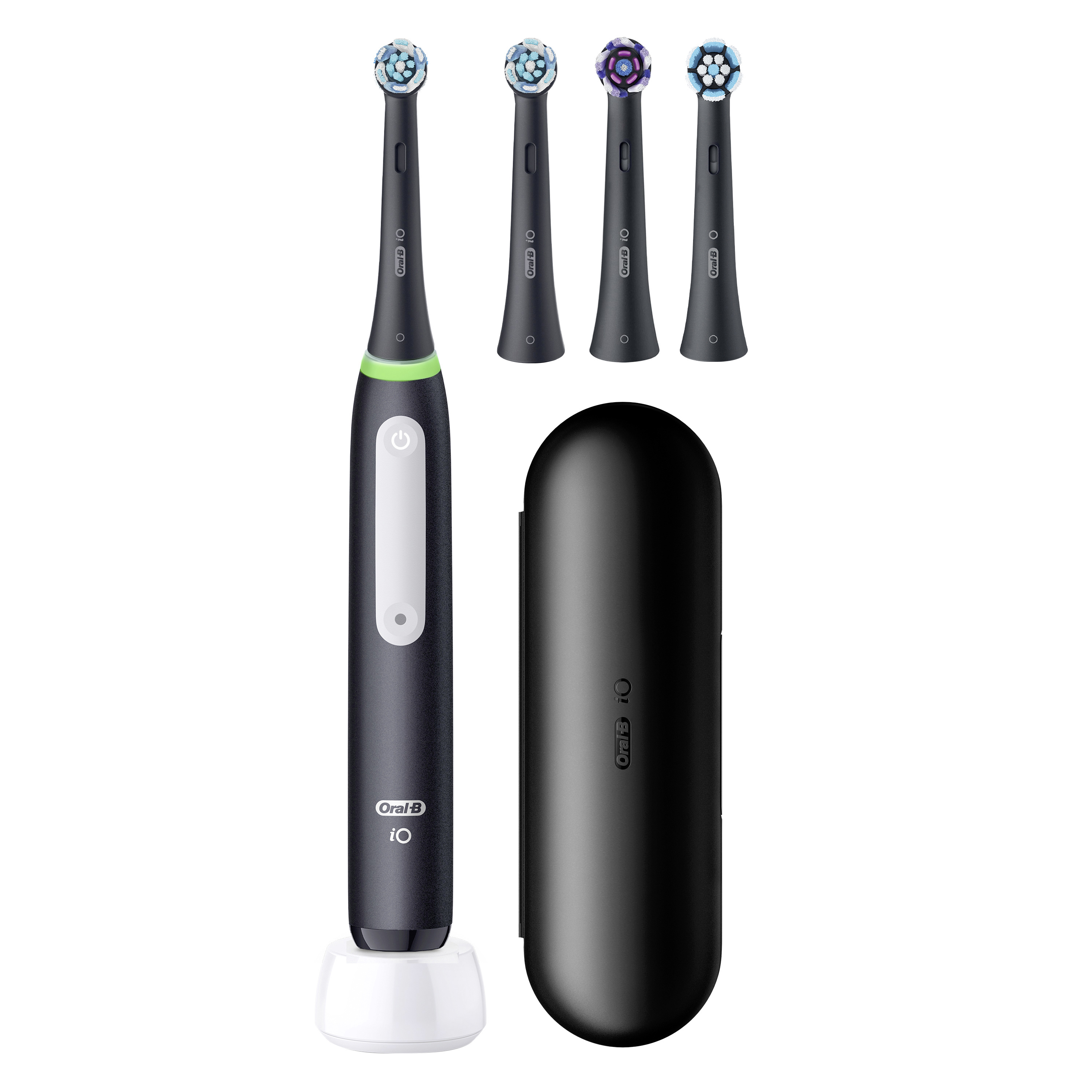 Schwarze Oral-B elektrische Zahnbürste mit Ladestation, drei Ersatzbürstenköpfen und einem schwarzen Etui.