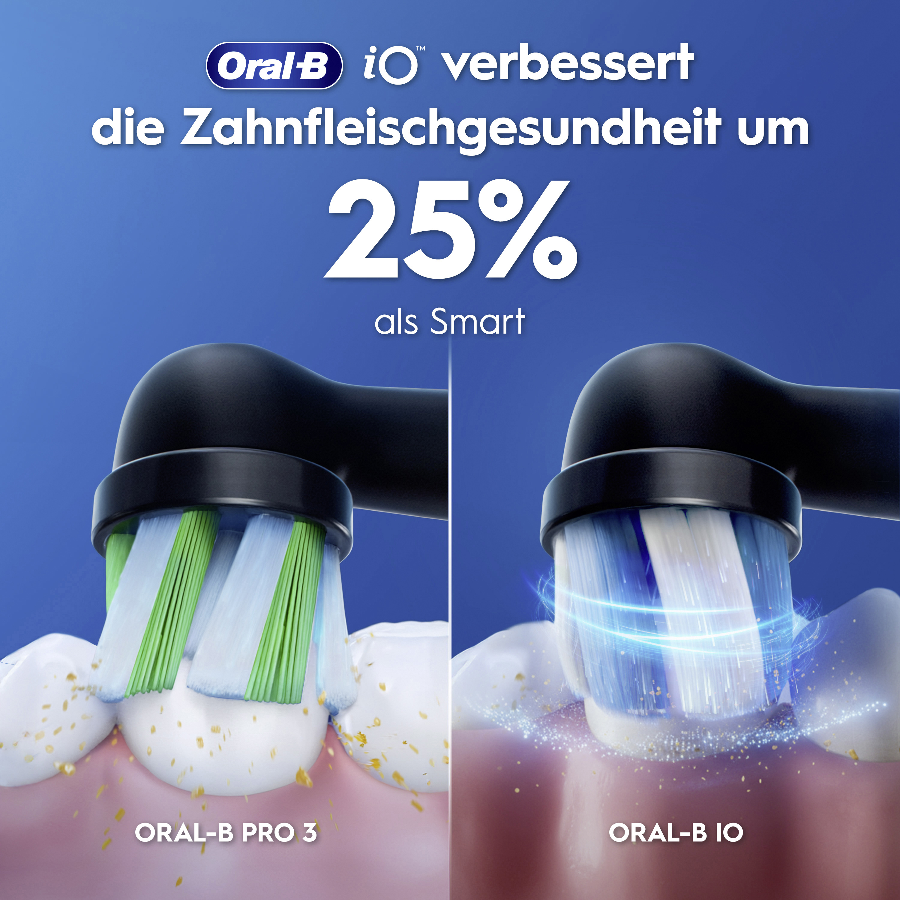 Vergleich von Oral-B Pro 3 und Oral-B iO auf blauen Hintergrund, zeigt bessere Plaque-Entfernung.