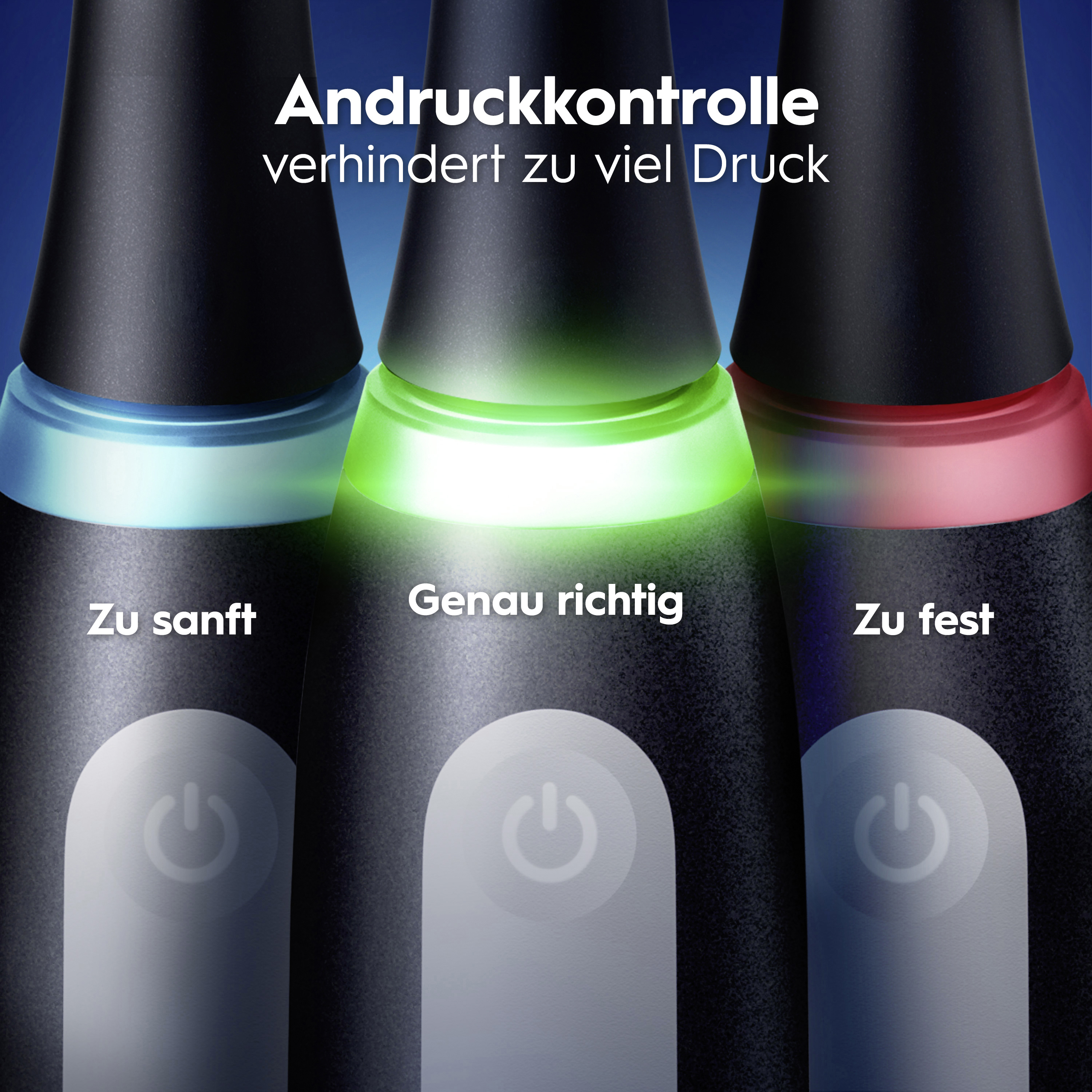 Drei schwarze Zahnbürsten mit blauer, grüner und roter LED-Anzeige für die Andruckkontrolle.