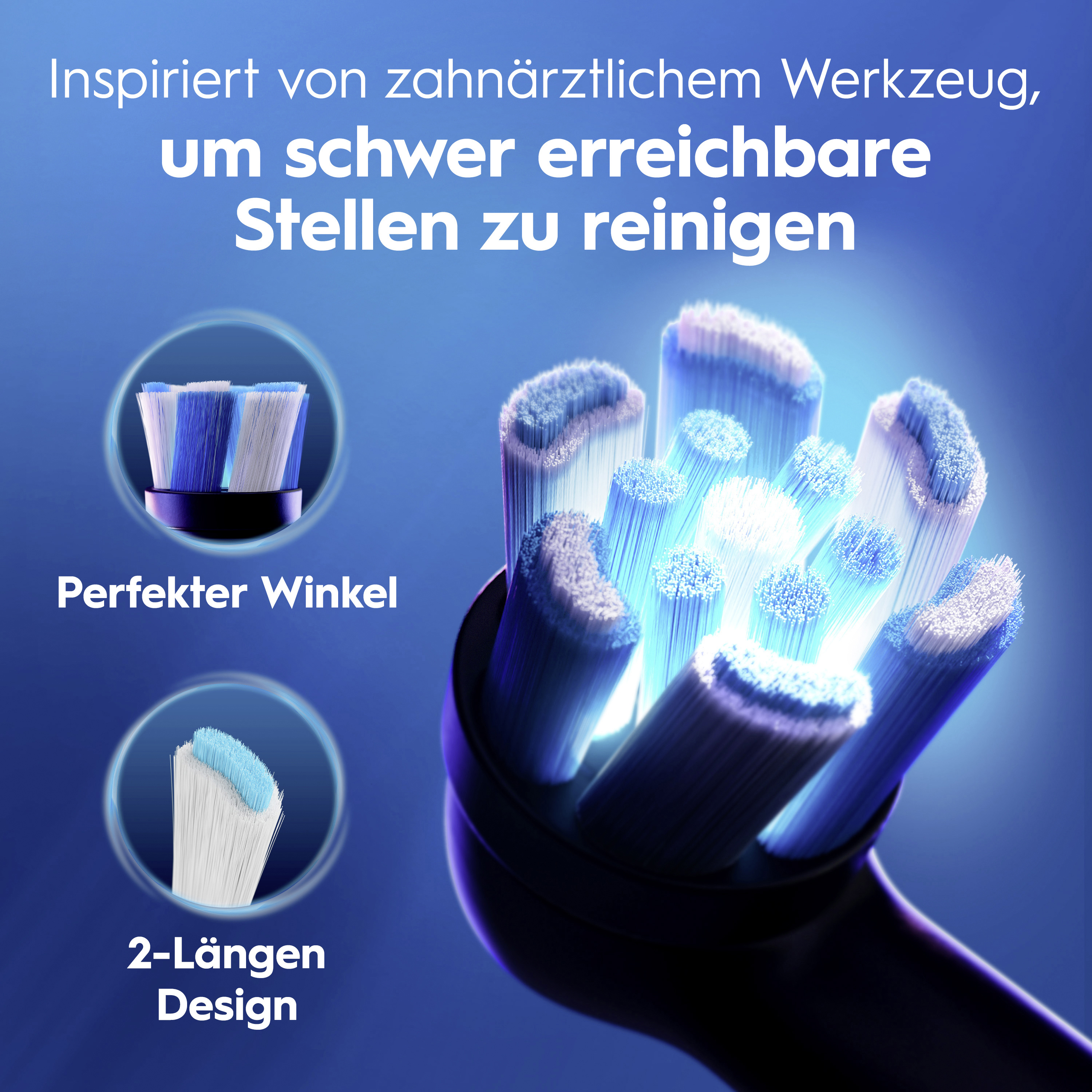 Blaue Zahnbürstenkopf mit speziellen Borsten für schwer erreichbare Stellen.