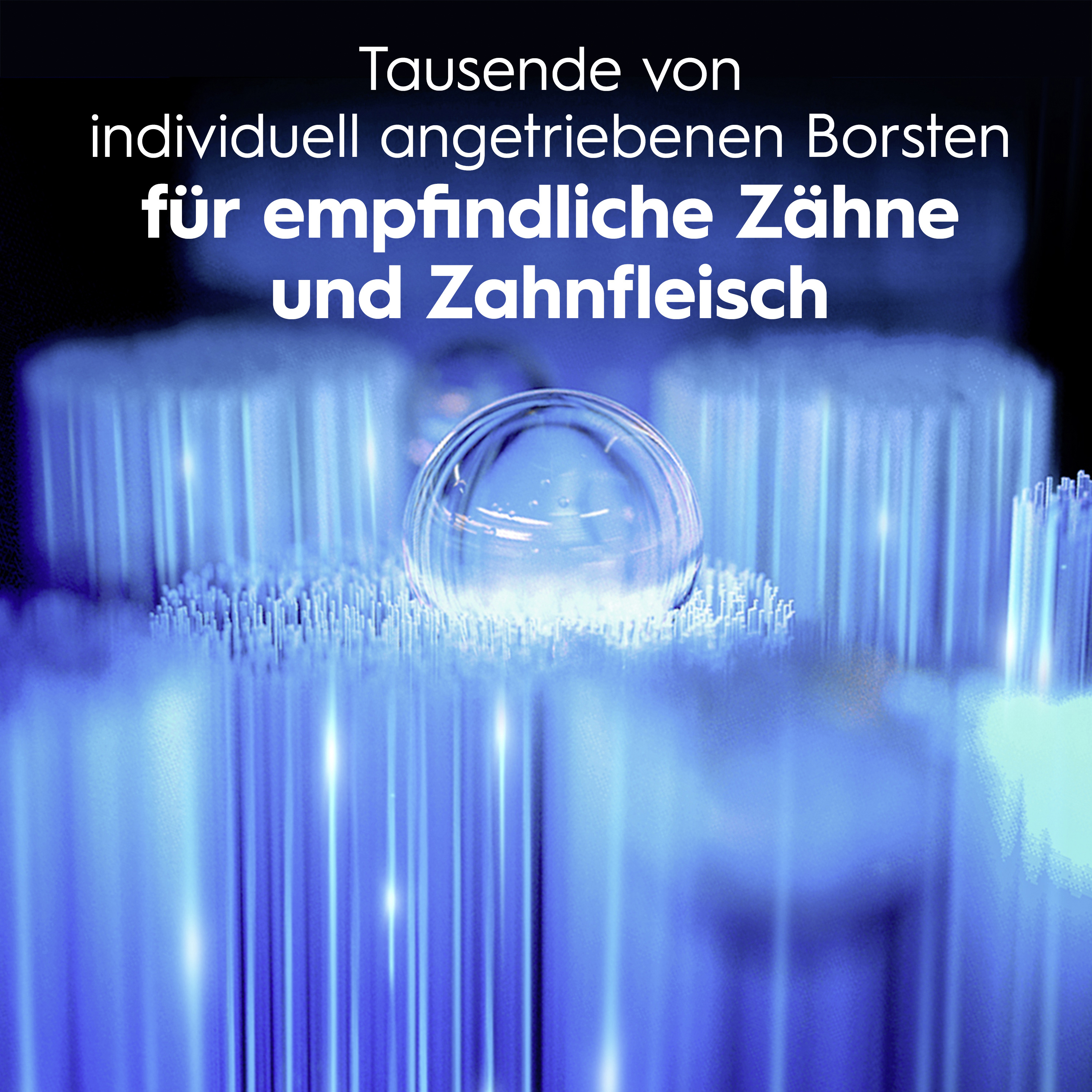 Blaue Borsten einer Zahnbürste mit einer Wassertropfenkugel und Text.