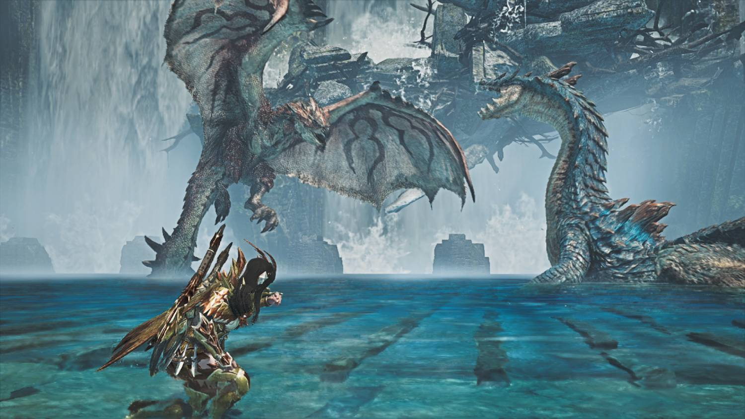 Un guerrero se arrodilla en agua poco profunda mientras dos grandes dragones se enfrentan ante una cascada y ruinas.