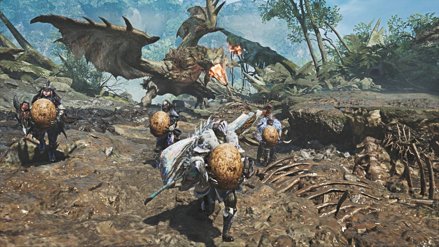 Guerreros armados corren por una zona fangosa mientras un gran dragón los persigue al fondo.
