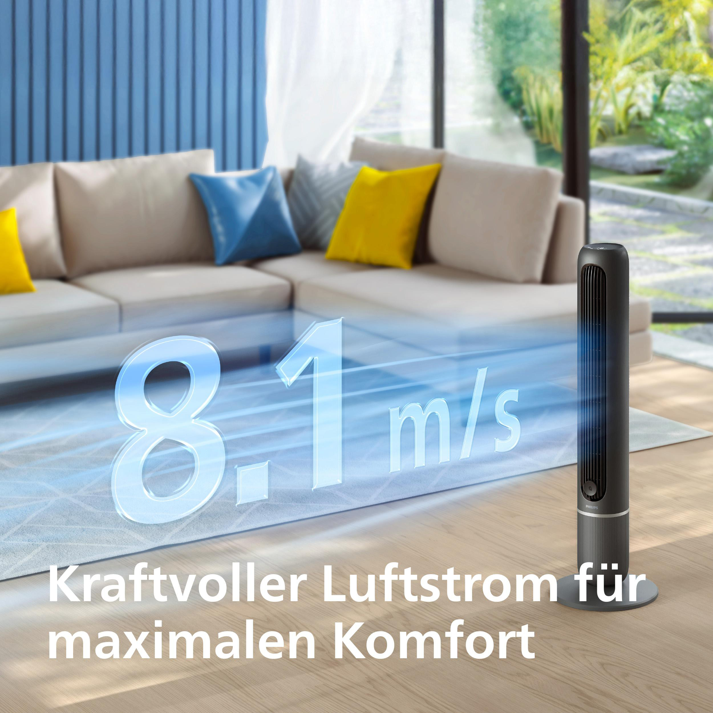 Ein schwarzer Turmventilator in einem Wohnzimmer zeigt einen starken Luftstrom von 8,1 m/s an.