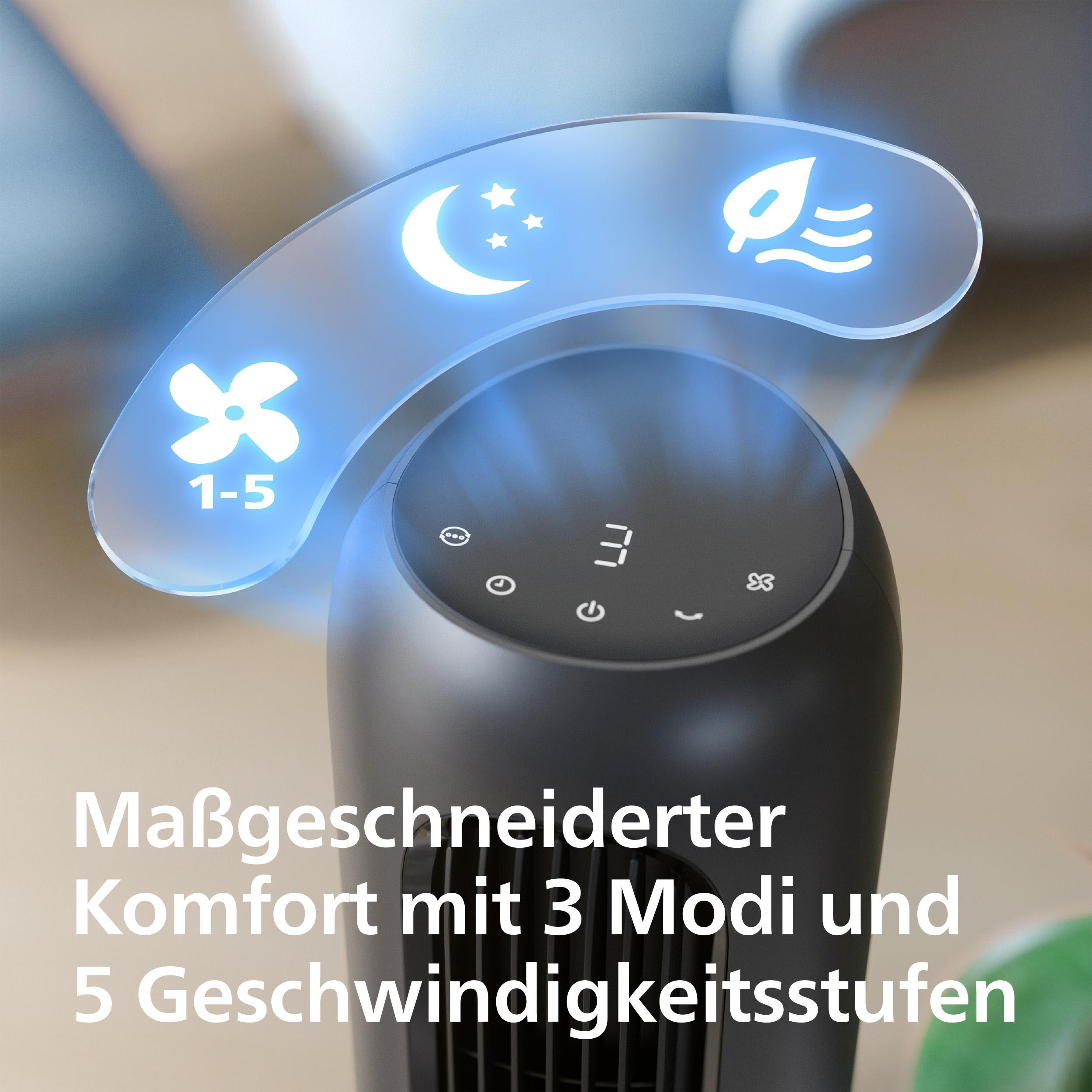 Schwarzer Turmventilator mit digitalem Display und schwebenden Icons für Modi und Geschwindigkeiten darüber.
