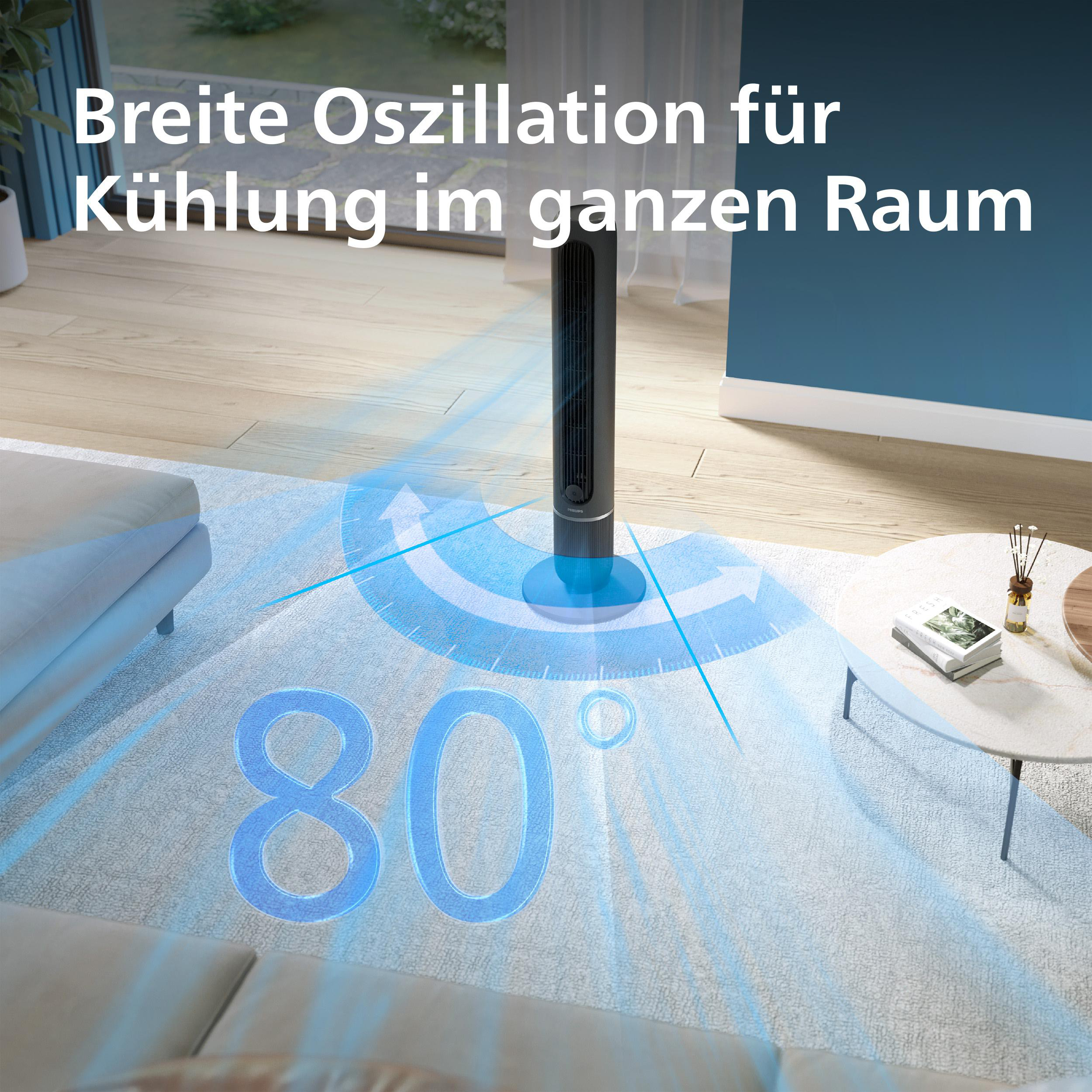 Ein schwarzer Turmventilator in einem Wohnzimmer zeigt eine 80-Grad-Oszillation mit blauem Luftstrom.
