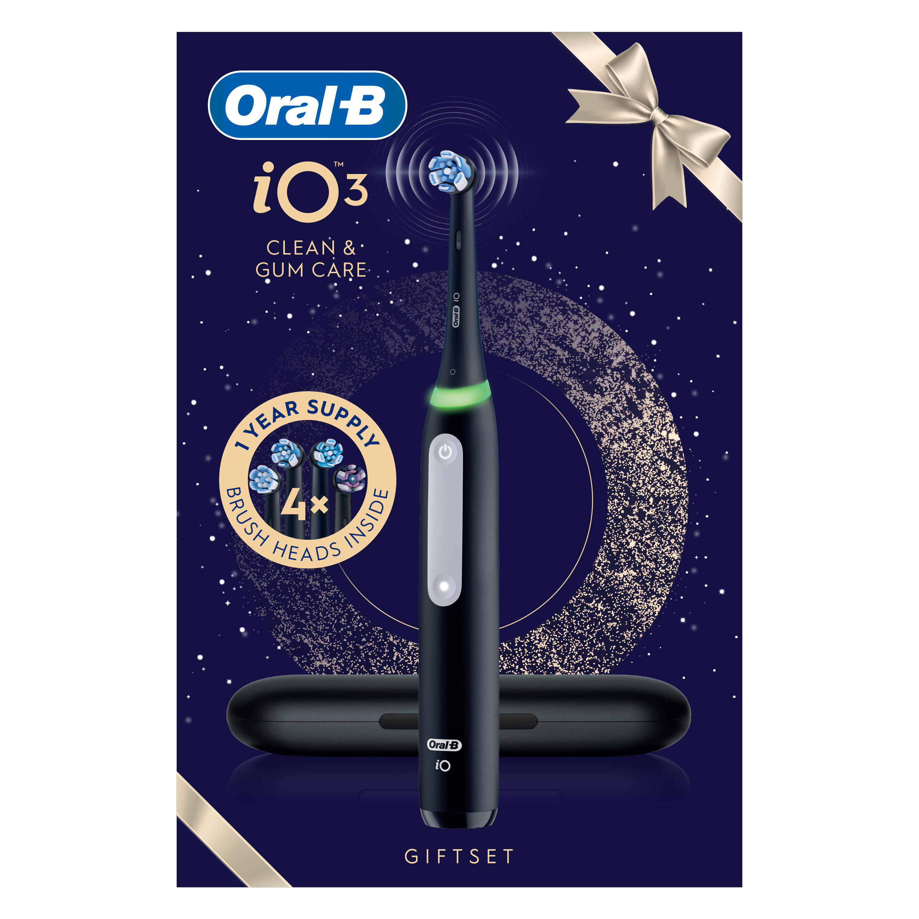 Oral-B iO3 elektrische Zahnbürste in dunkelblauer Geschenkbox mit Zubehör.