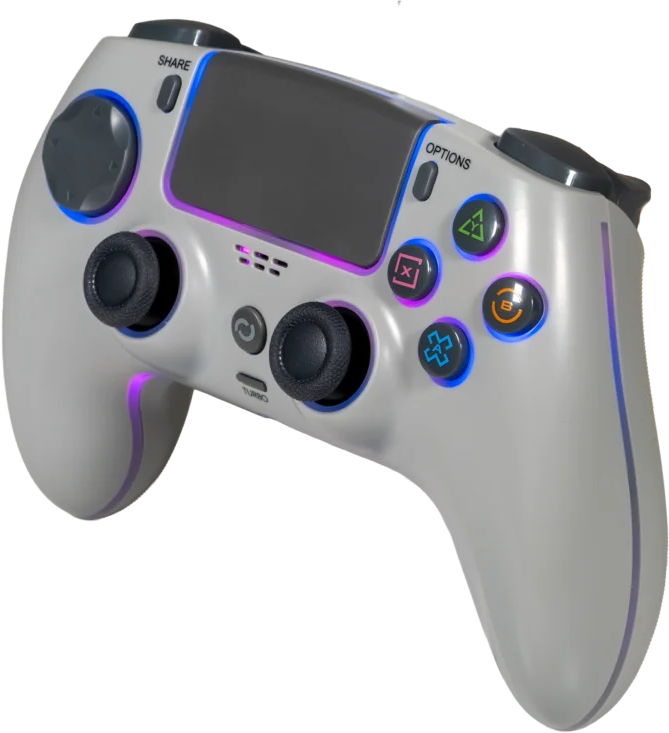 Egy szürke videójáték-vezérlő színes LED-ekkel és fekete joystickokkal fekete háttér előtt.