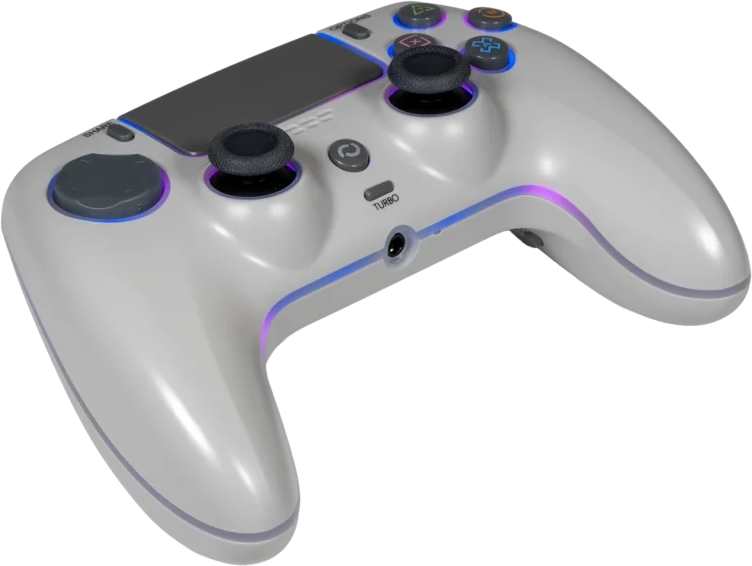 Fehér színű játékvezérlő színes LED-ekkel, két joystickt és érintőpaddal, fekete háttér előtt.