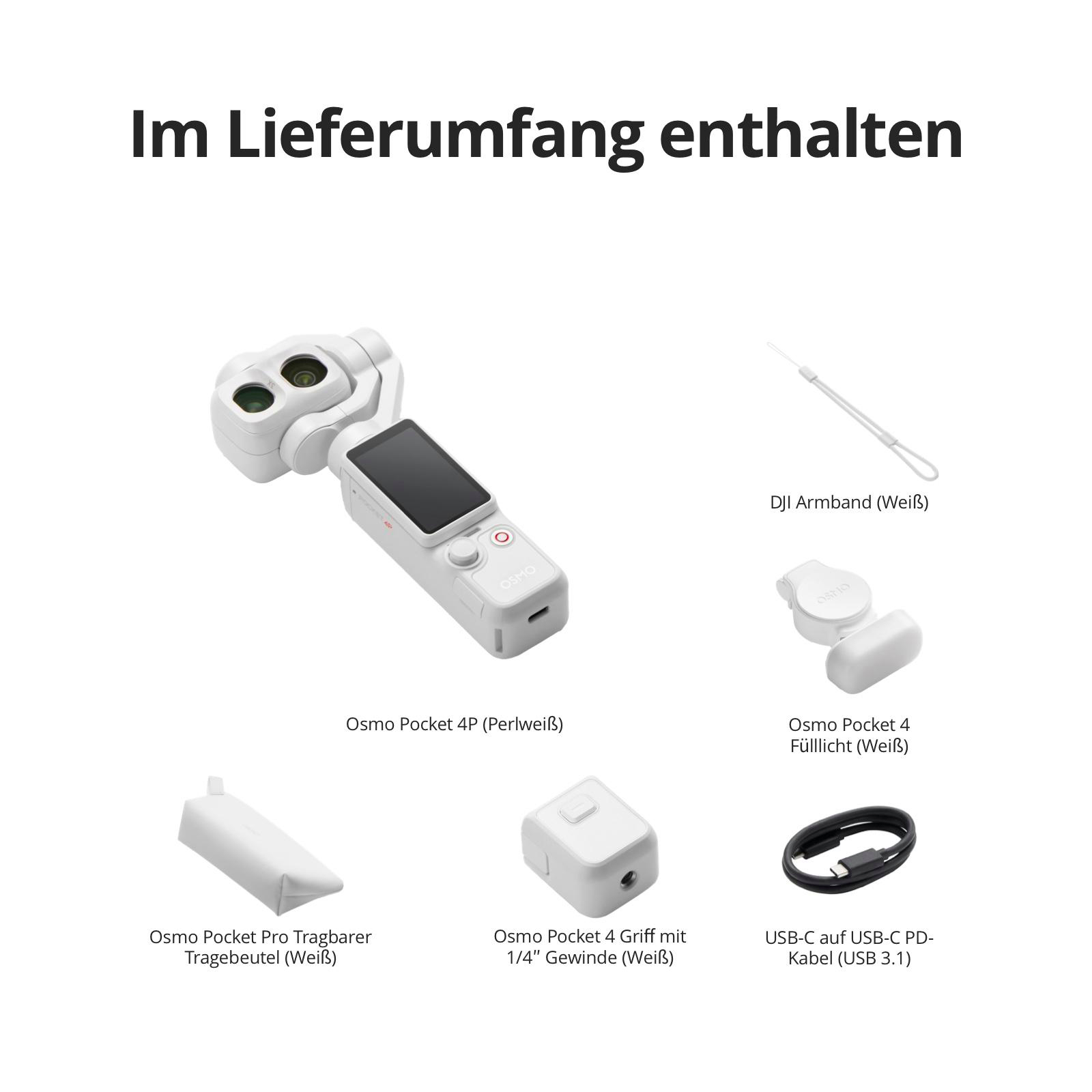Übersicht des Lieferumfangs mit Osmo Pocket 4P, Kabel, Griff, Licht und Tasche auf weißem Hintergrund.