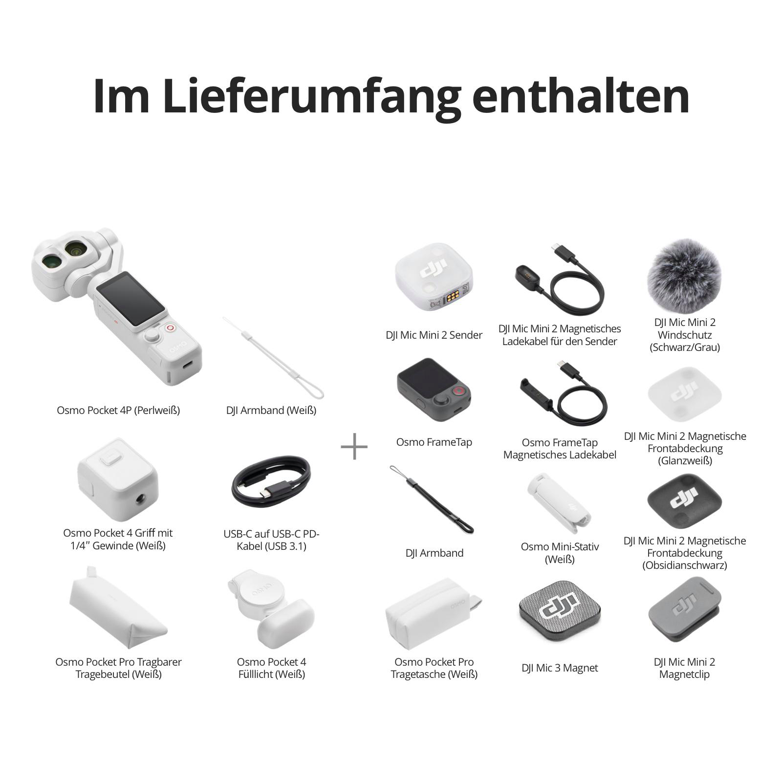 Übersicht des Lieferumfangs mit Osmo Pocket Kamera, Mikrofonen, Kabeln und Zubehör auf weißem Hintergrund.
