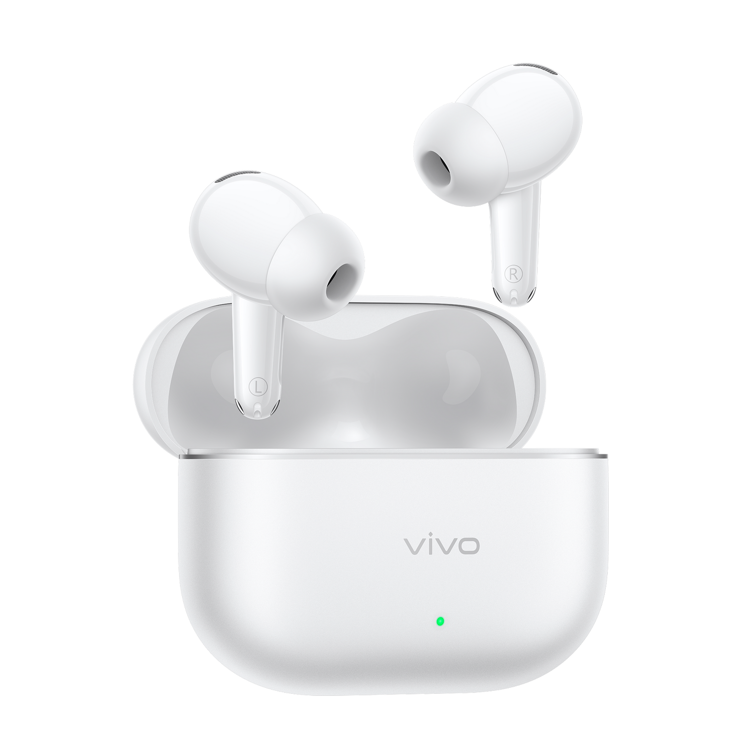 Auriculares inalámbricos blancos vivo y estuche de carga sobre fondo negro.