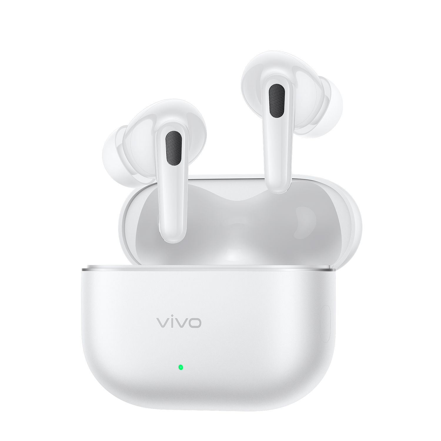 Auriculares inalámbricos Vivo blancos dentro de un estuche de carga abierto sobre fondo negro.