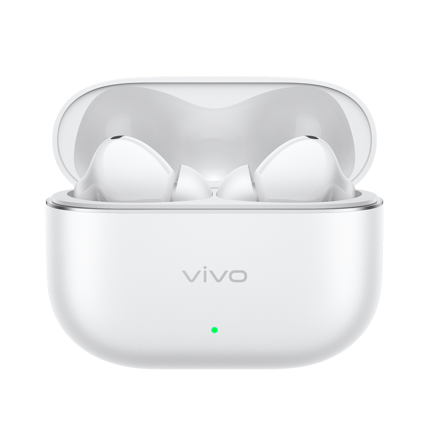Estuche de carga Vivo blanco con la tapa abierta, revelando dos auriculares inalámbricos blancos y luz LED verde.