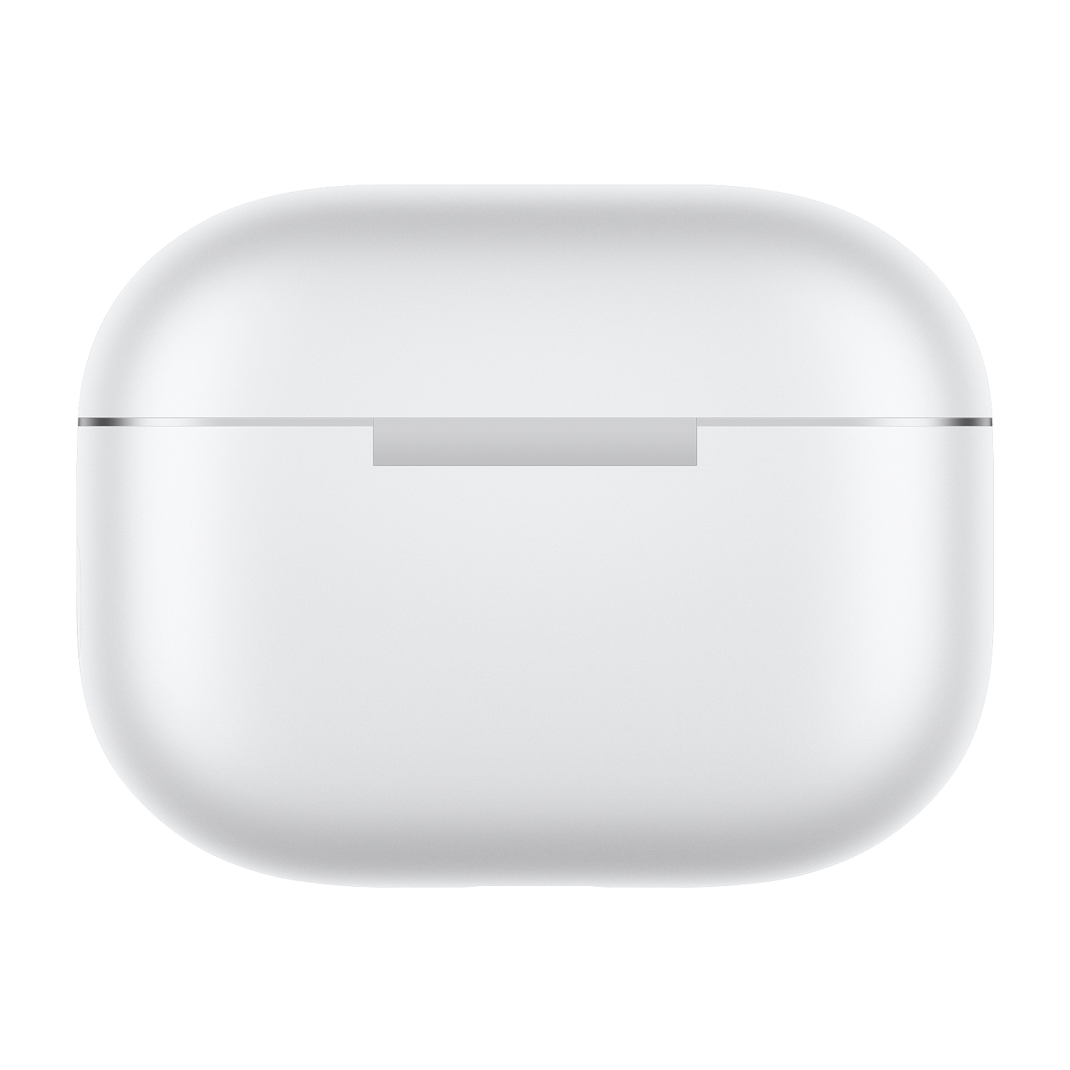 Un estuche de carga blanco y redondeado para auriculares inalámbricos sobre fondo negro.