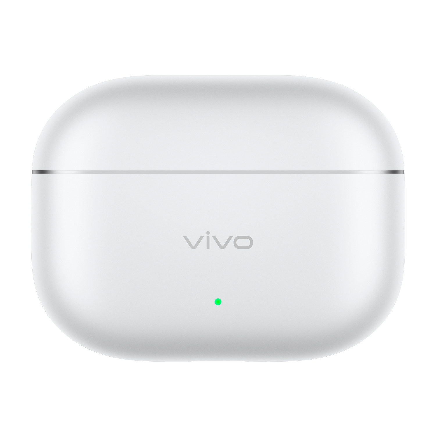 Estuche de carga blanco para auriculares inalámbricos Vivo con indicador LED verde sobre fondo negro.