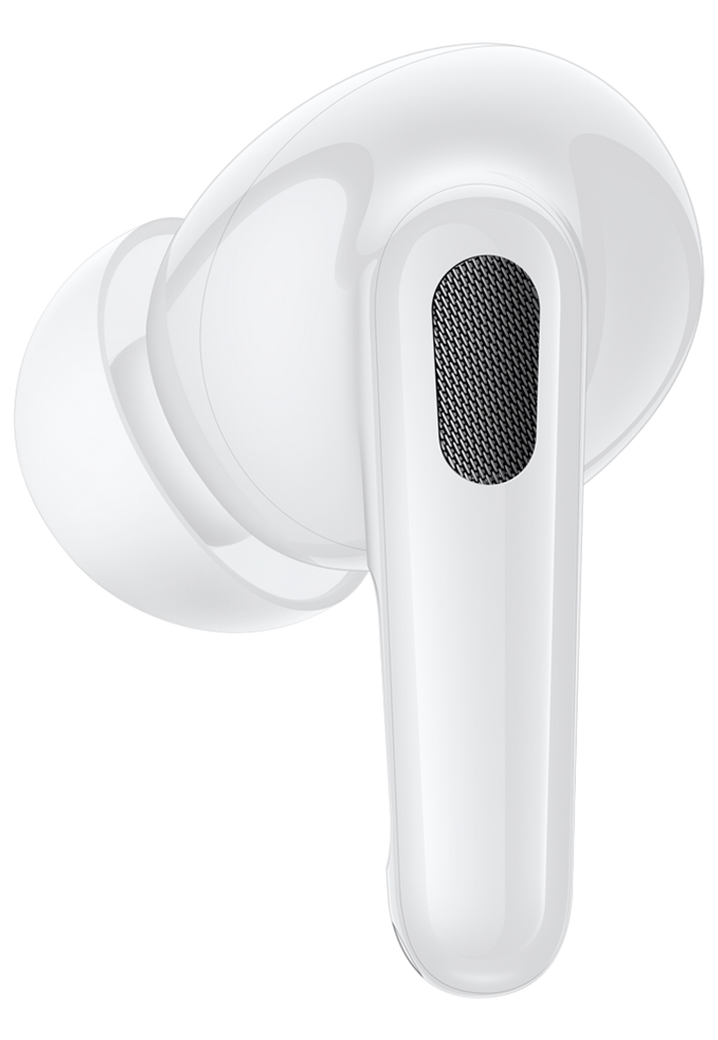 Un auricular intrauditivo blanco brillante con una rejilla de micrófono oscura en un vástago sobre fondo negro.