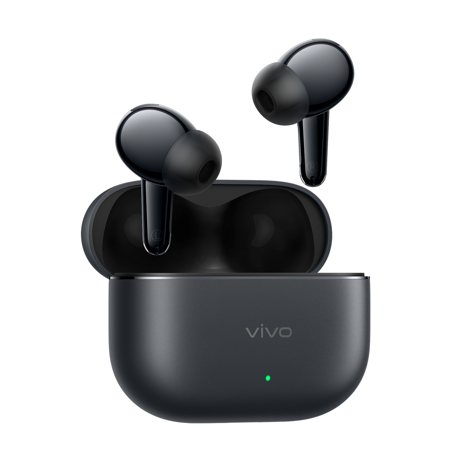 Auriculares inalámbricos vivo negros flotando sobre su estuche de carga abierto sobre fondo negro.