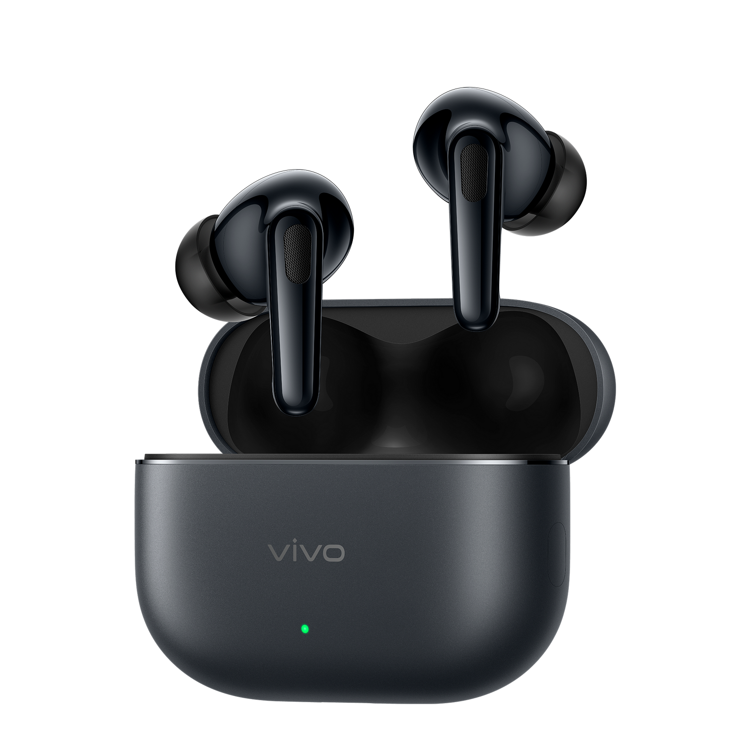 Auriculares inalambricos negros vivo en su estuche de carga abierto sobre fondo negro.