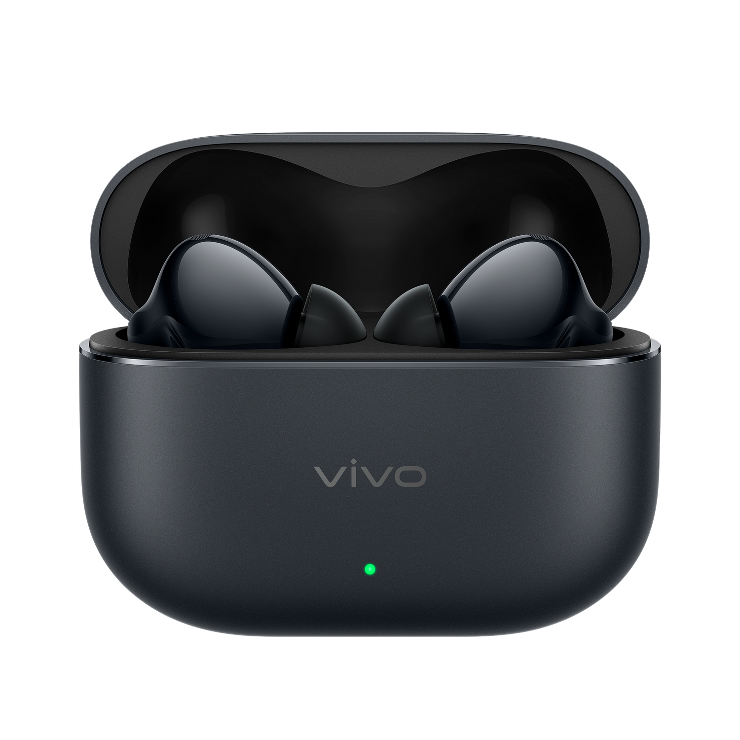 Auriculares inalámbricos negros vivo en estuche de carga abierto con LED verde brillante sobre fondo negro.