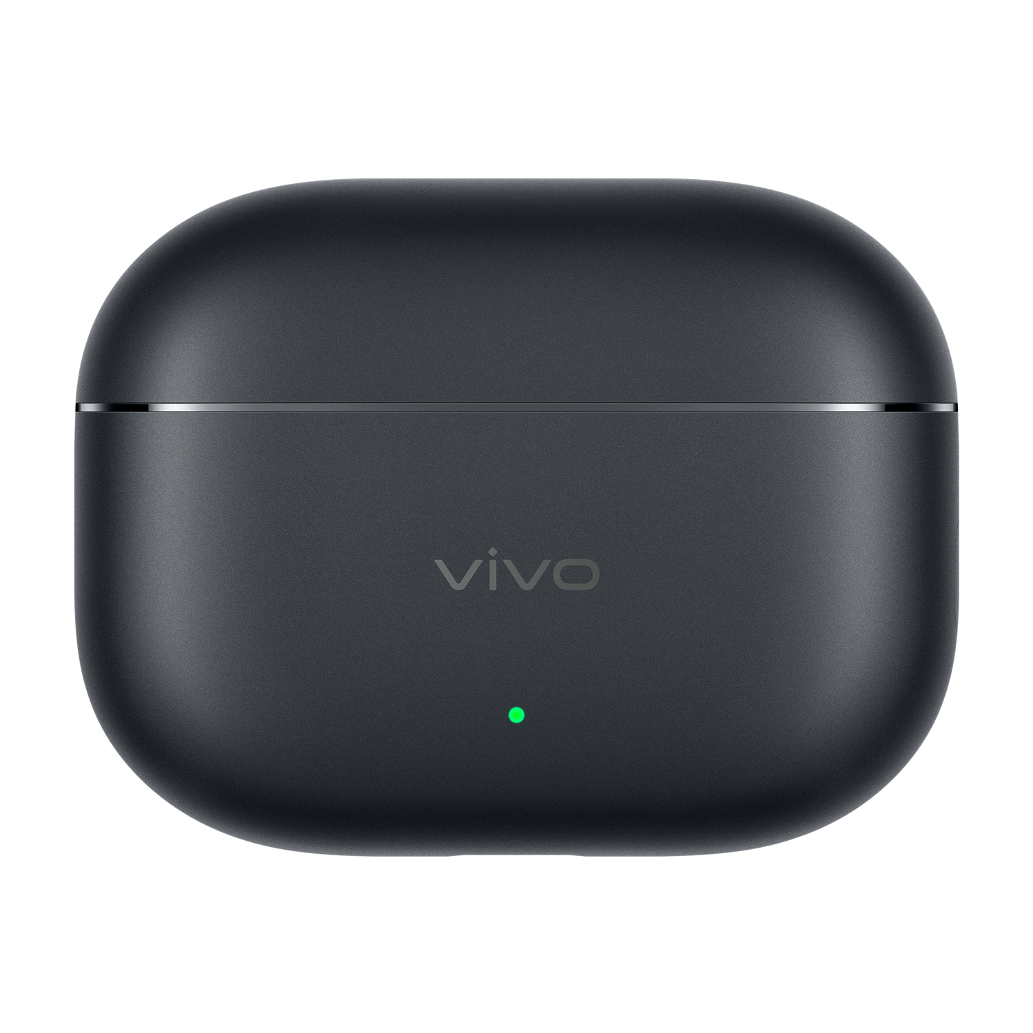 Estuche de carga negro redondeado de auriculares Vivo con luz LED verde sobre fondo negro.