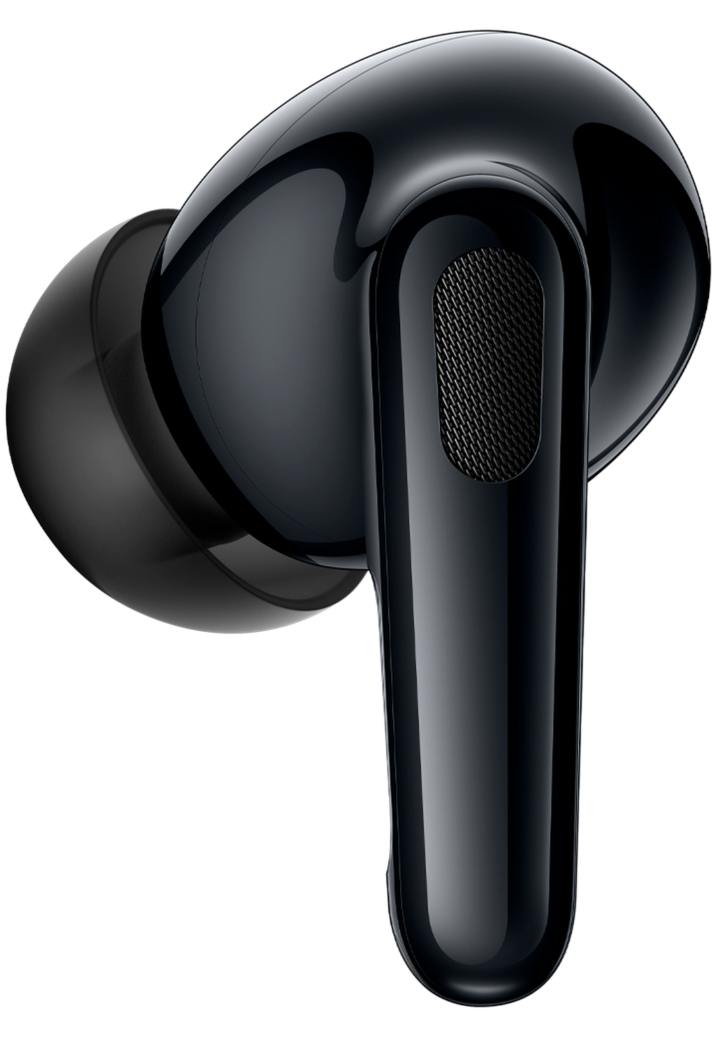 Un auricular negro brillante con una punta de silicona gris mate y una rejilla de altavoz superior contra un fondo negro.