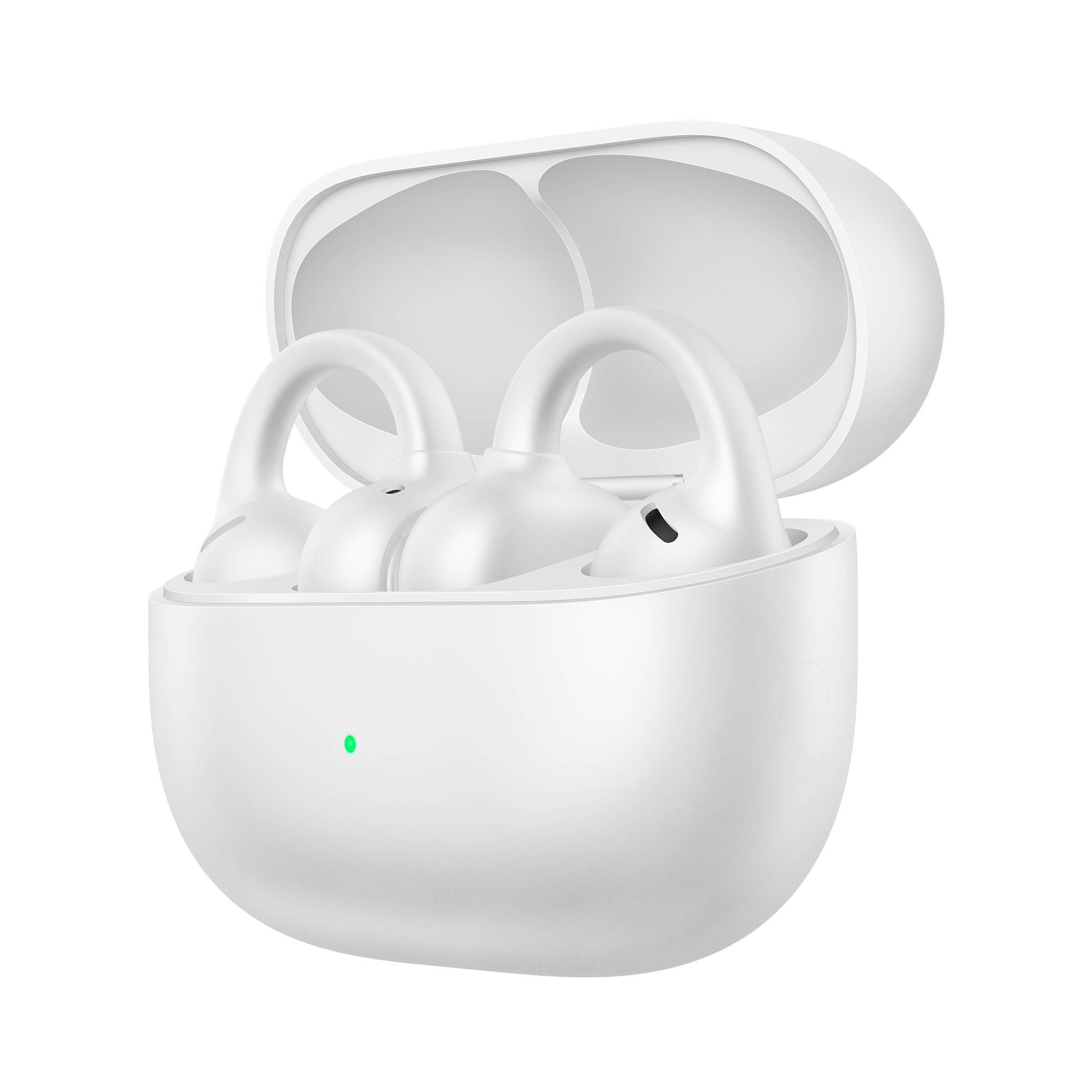 Auriculares inalambricos blancos en estuche de carga abierto con luz LED verde.