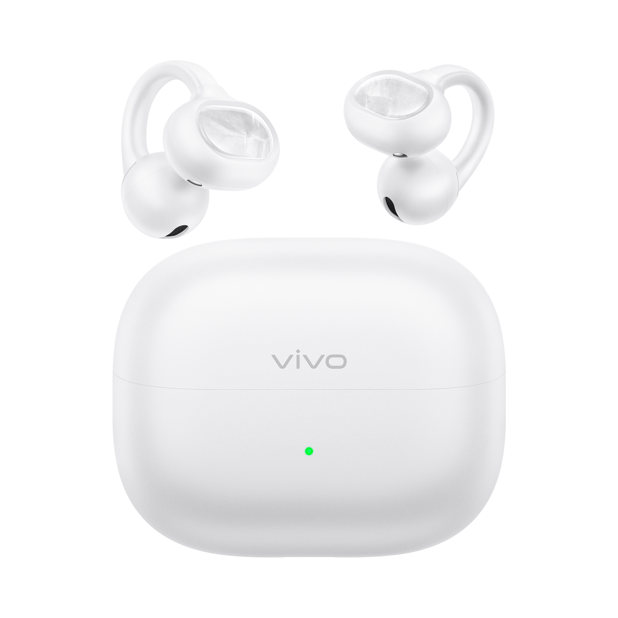 Auriculares blancos Vivo con gancho abierto y estuche de carga sobre fondo negro.