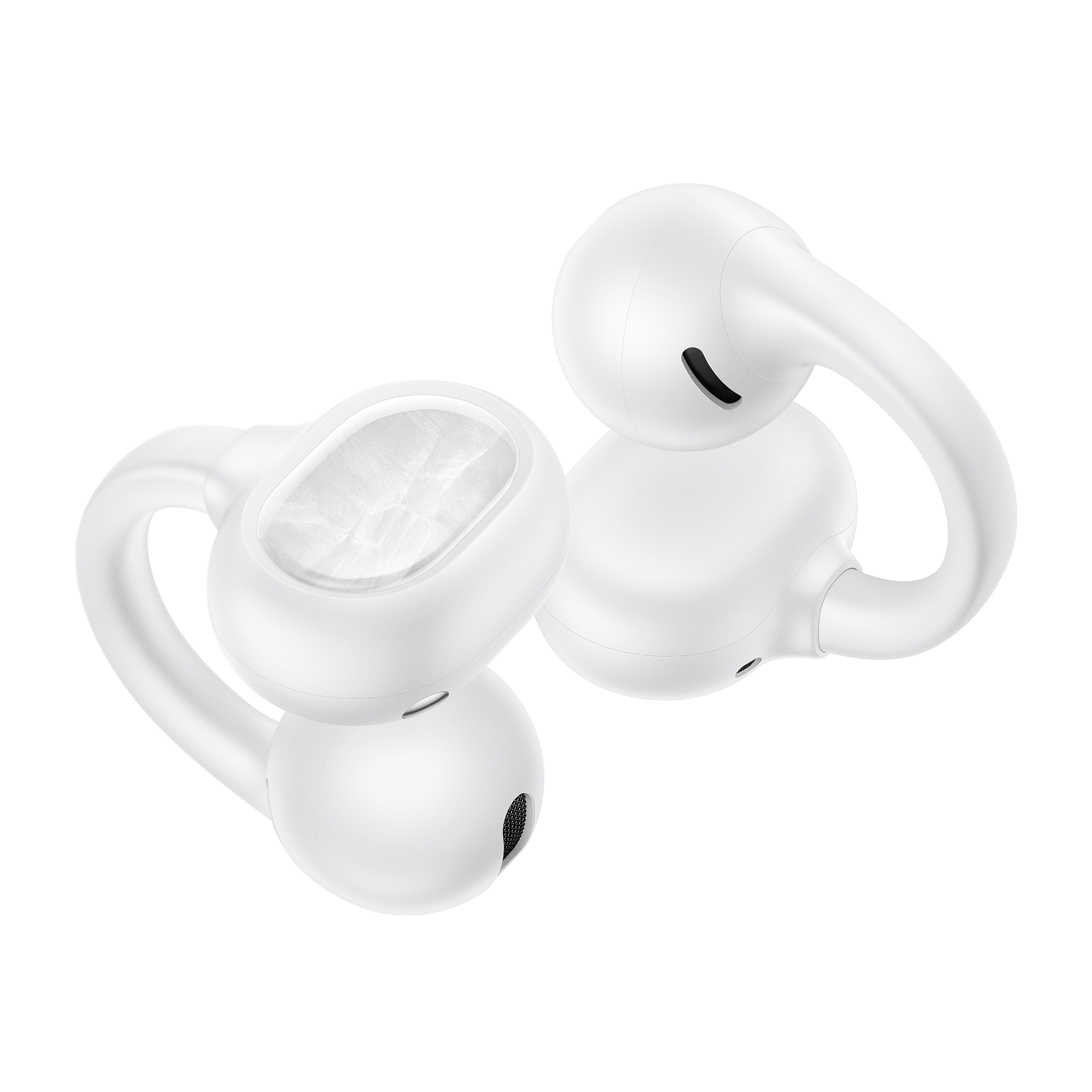 Dos auriculares blancos de oído abierto en forma de U flotan sobre un fondo negro.