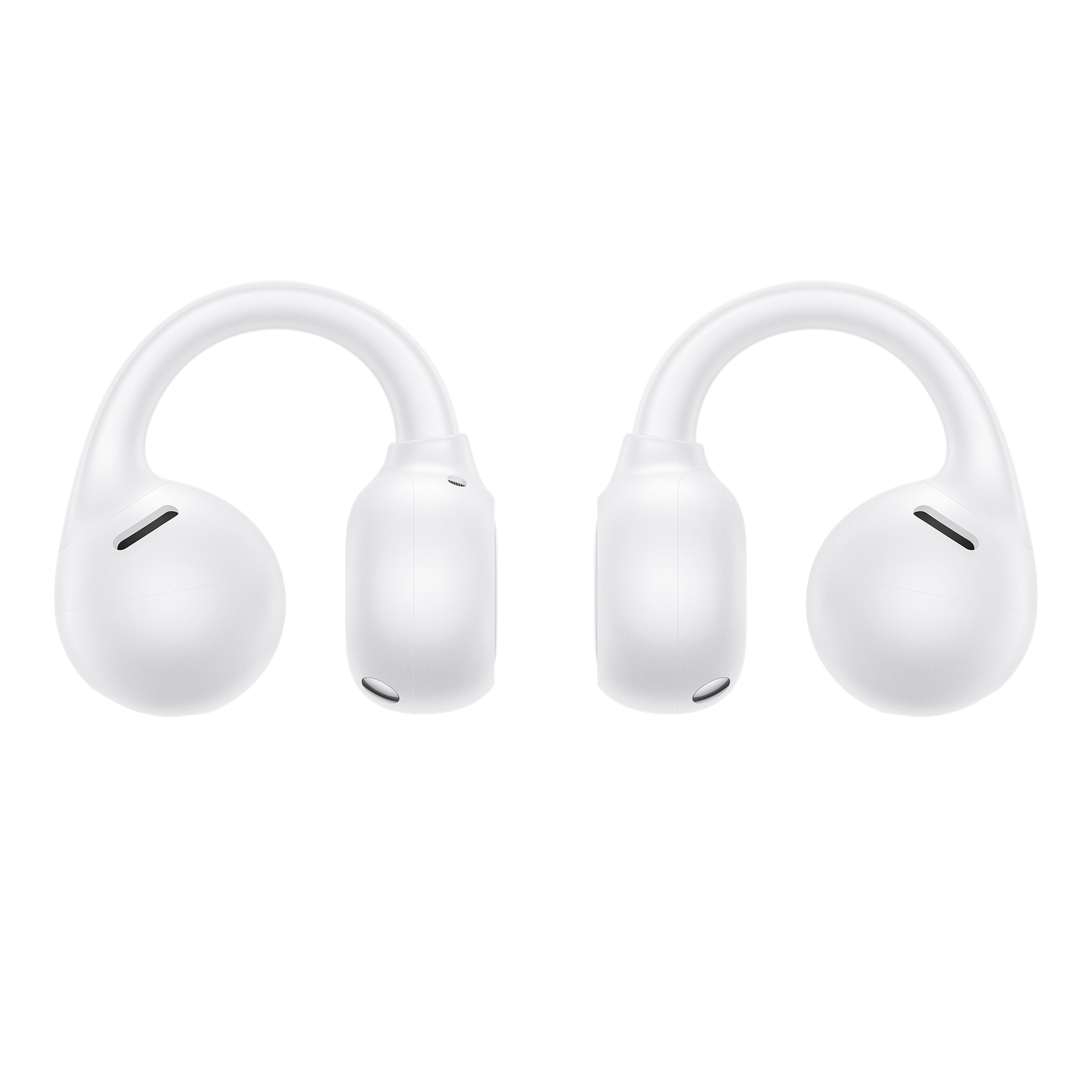 Dos auriculares abiertos blancos con diseño redondeado sobre fondo negro.