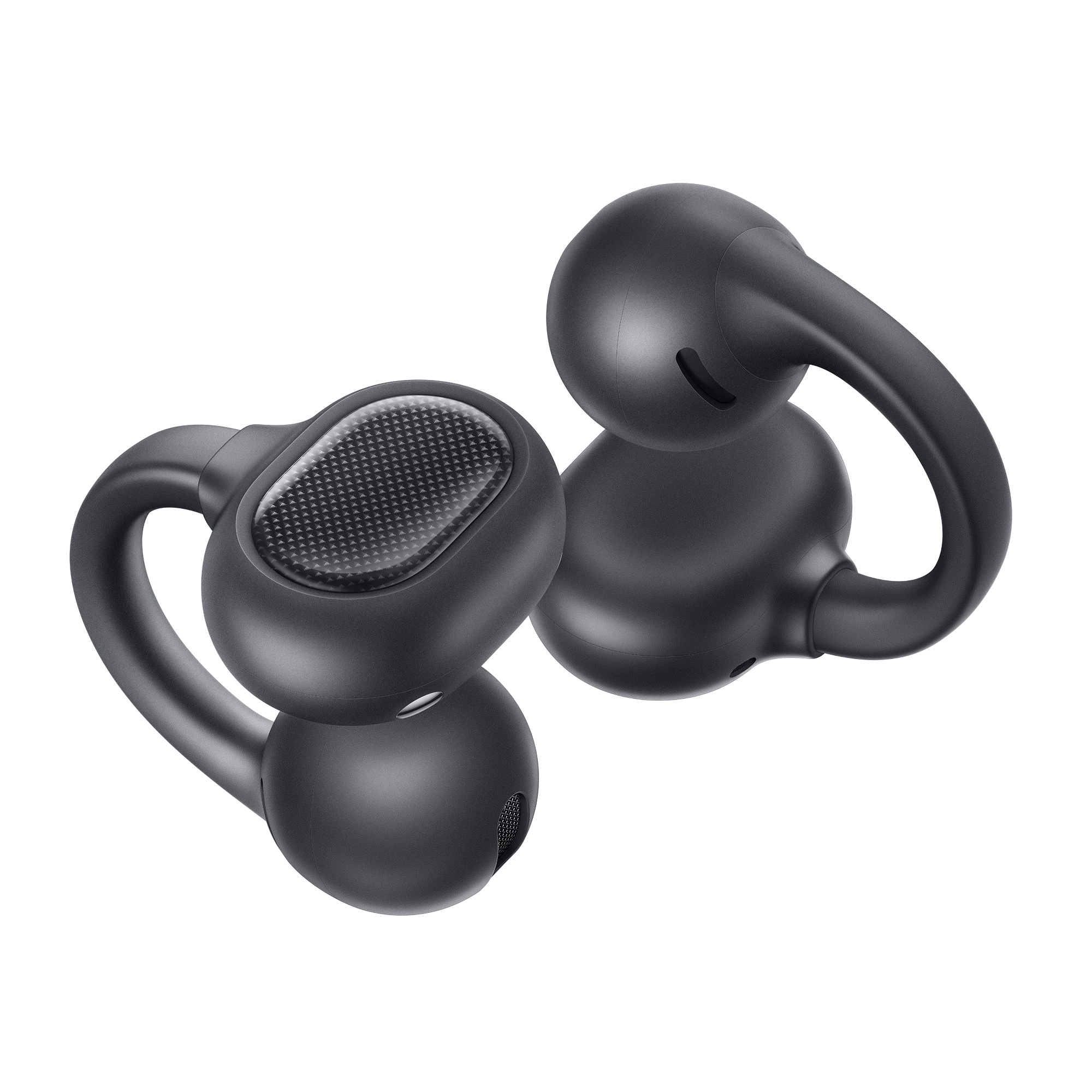Dos auriculares inalámbricos negros de oído abierto con diseño curvo sobre fondo negro.
