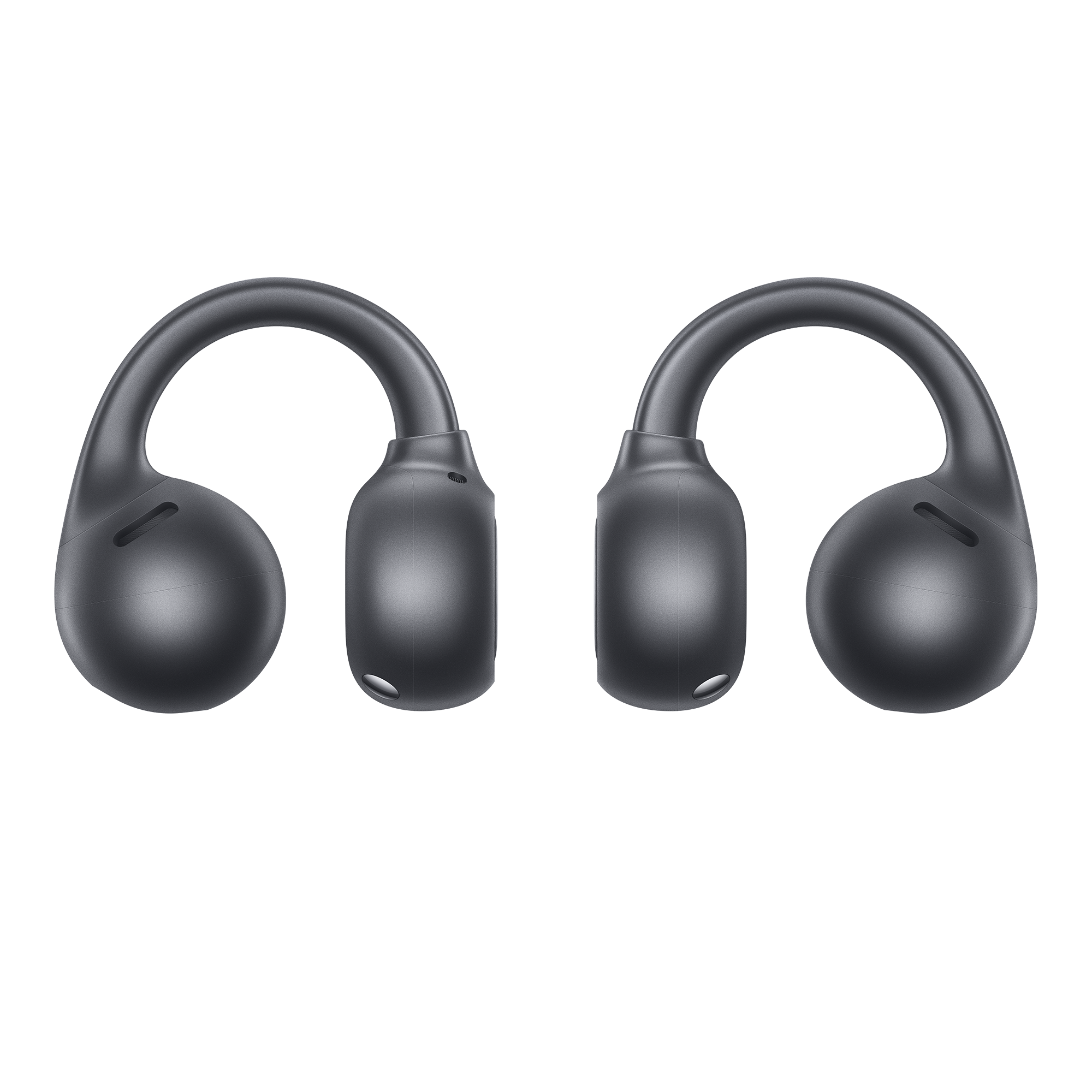 Dos auriculares inalámbricos grises de tipo clip sobre fondo negro.