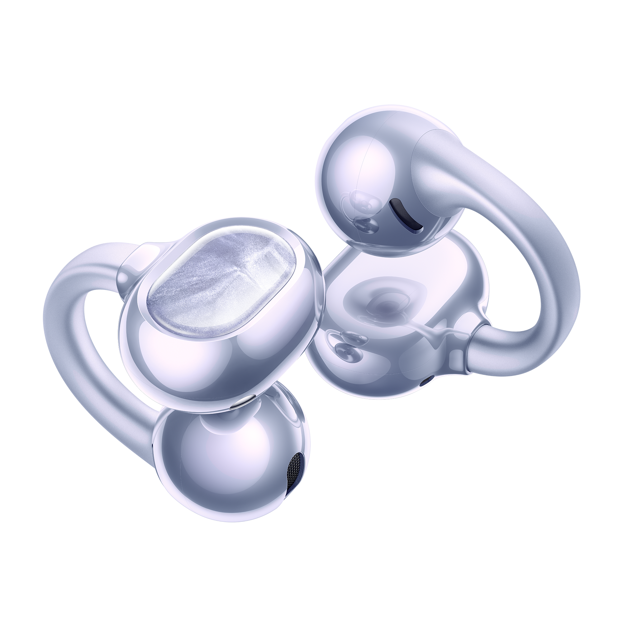 Dos auriculares inalámbricos plateados y brillantes sobre un fondo negro.