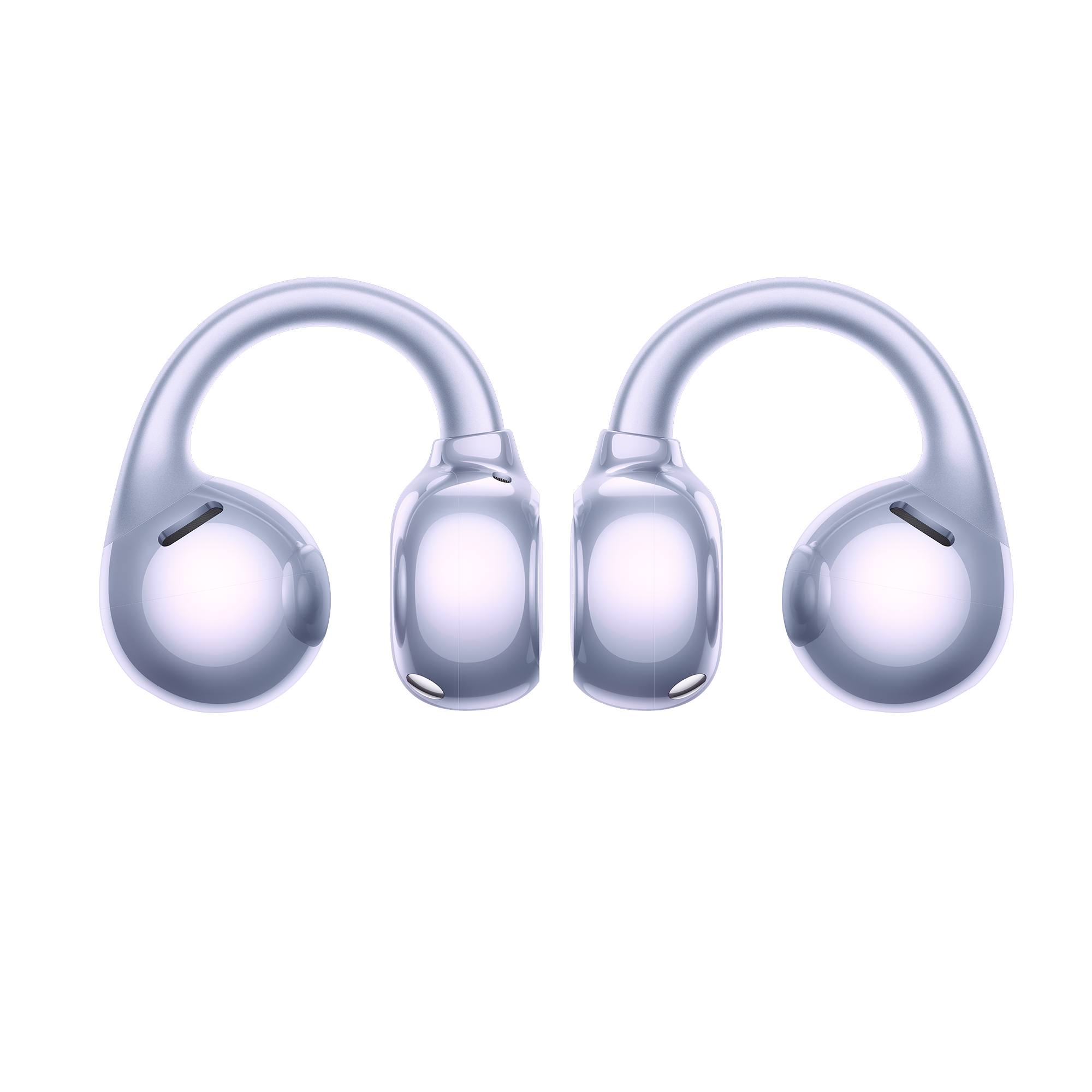 Dos auriculares inalámbricos brillantes y plateados con diseño futurista sobre fondo negro.